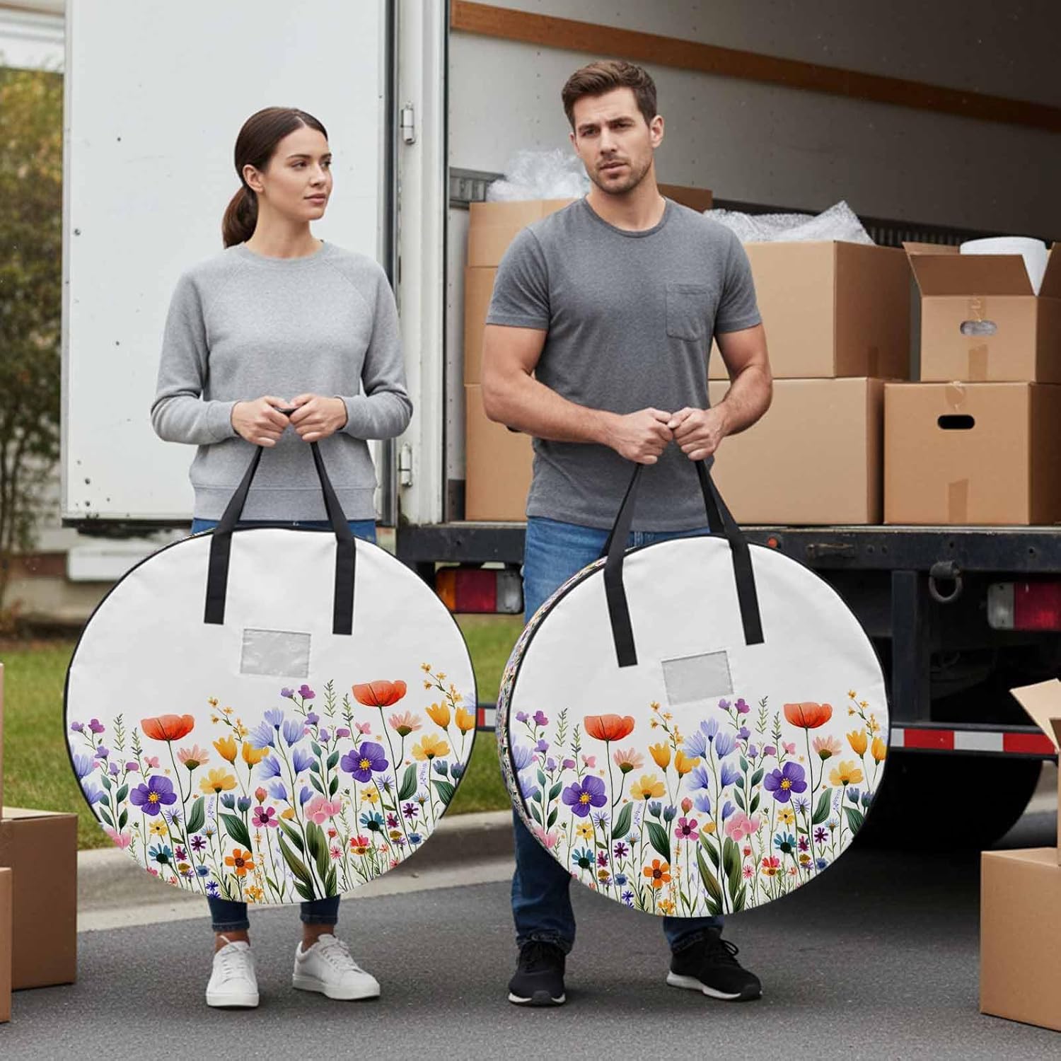 Rustic Wildflower Round Storage Bag 36 Inch, Floral Watercolor Spring Flower Leaves Clothes Storage Container with Handles Heavy Duty Organizer for Comforter, Bedding & Holiday Wreaths