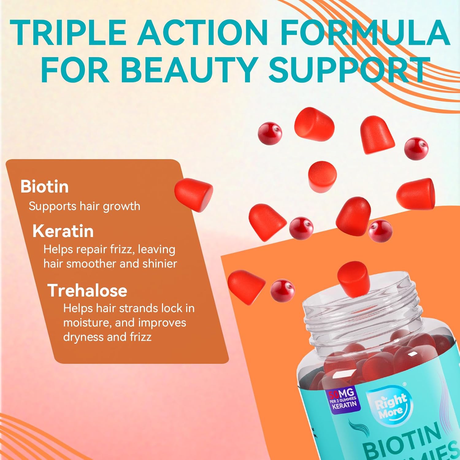 Biotin Gummies for Women & Men - Hair Growth Support Skin, & Nail Strength - Biotin 5000 Mcg, 50 Mg Keratin Per Seving, Cranberry Flavor, 60 Gummies - Image 4