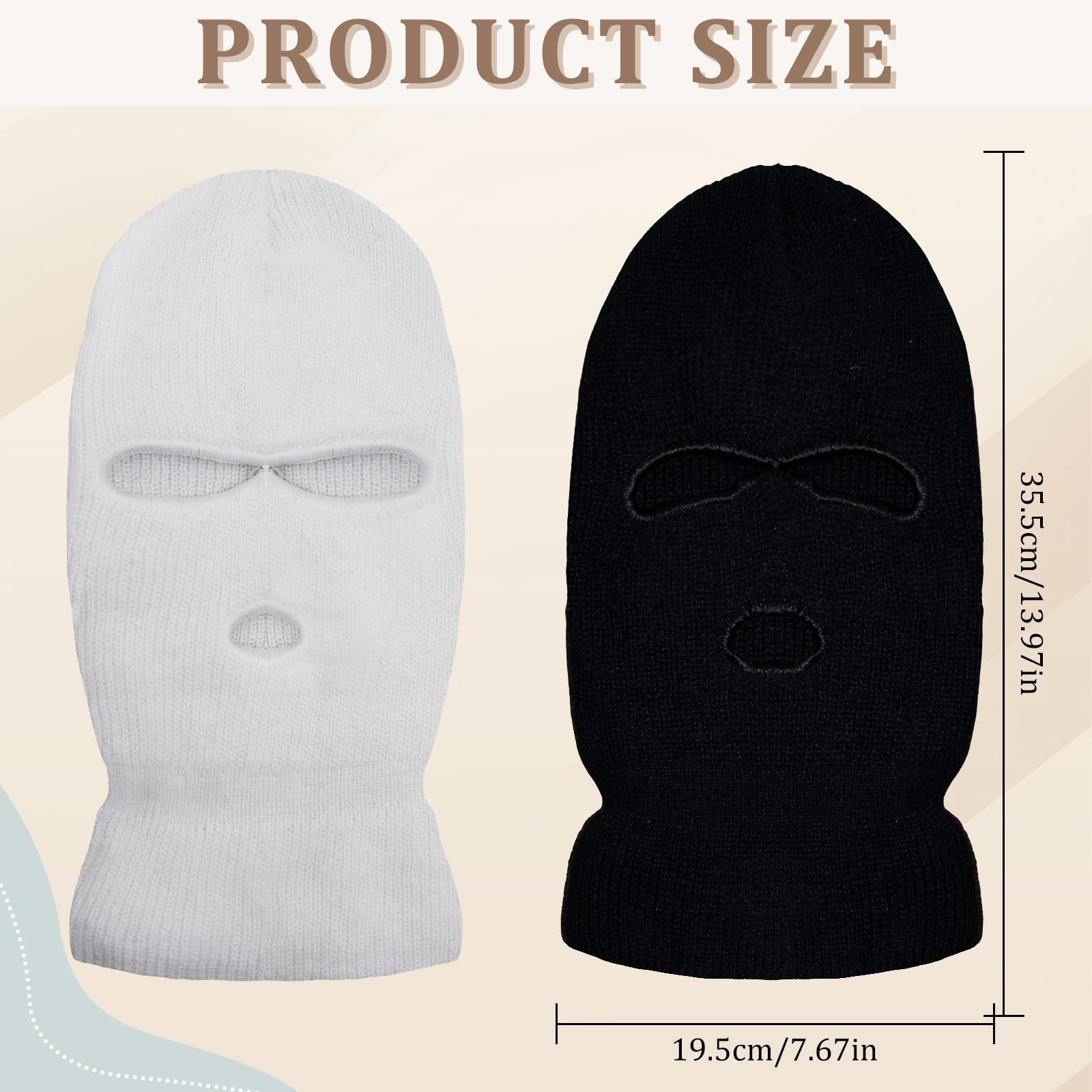 2 Pieces 3-Hole Ski Mask Winter Knitted Full Face Cover Warm Neck Mask Outdoor Cycling Windproof Cold Balaclava Face Mask for Men Women (Black,White)