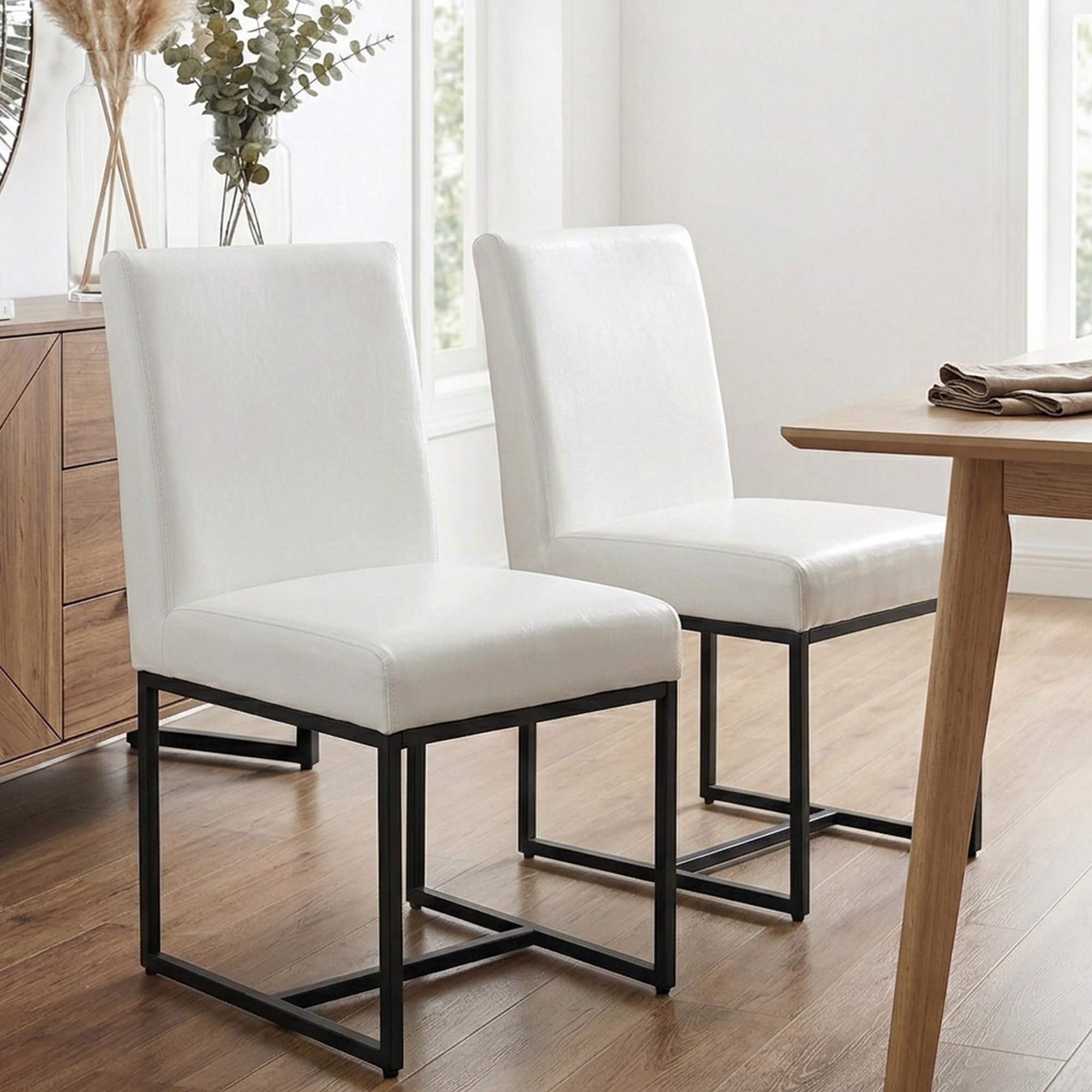 HNY Comfortable Modern Kitchen Chairs Set of 2, PU Leather Kitchen & Dining Room Chair, Upholstered Dining Chair Side Chair with Black Finish Metal Frame, White