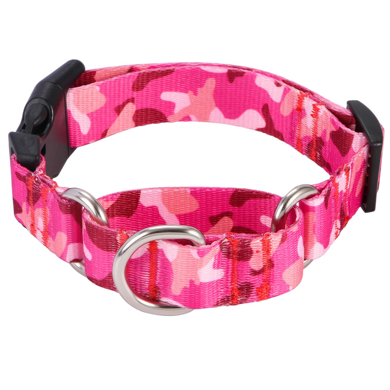Rhea Rose Dog Martingale Collar with Quick Release Buckle, Adjustable Soft Escape Proof Training Collar, Pink Camouflage, Medium