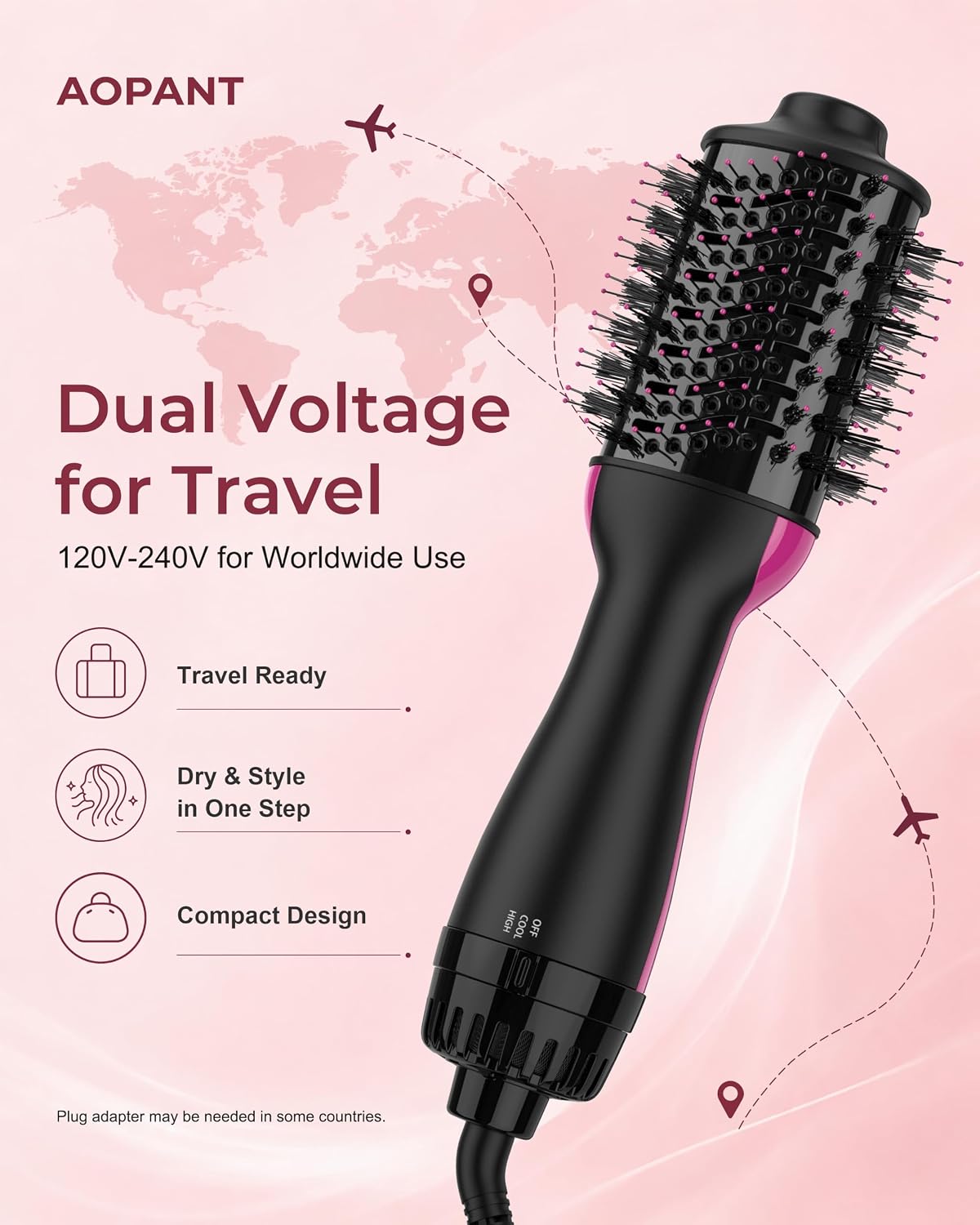 Aopant Dual Voltage Mini Hair Dryer Brush Blow Dryer Brush in One, 110-240V 900W Travel Hot Air Brush Volumizer, 4-in-1 Styling Brush with Ceramic Titanium Barrel, Ionic Care, Cool & High Settings