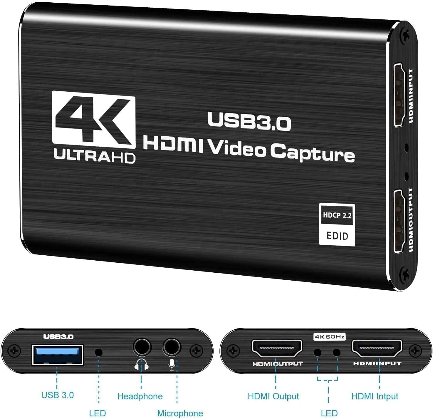 Capture Card, HDMI USB3.0 Capture Card Nintendo Switch, Video Capture Card 4K 1080P 60FPS, Game Capture Card for Live Streaming, Video Conference, Recording, Works with PS4/PS5/PC/OBS/DSLR