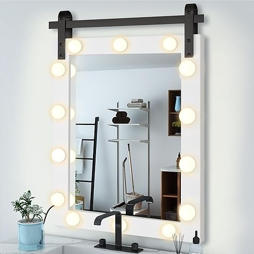 DWVO Espejo de baño de granja, 30 x 22 pulgadas, espejo de puerta de granero con marco de madera, espejo de tocador de baño de estilo rústico con