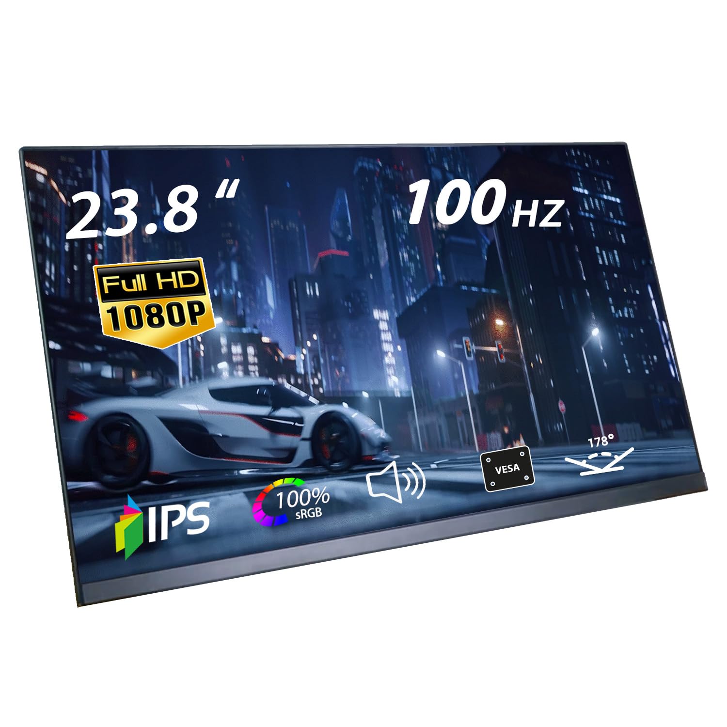 23.8" portable monitor 100hz 1080p fhd ips freesync 100% srgb usb-c hdmi plug and play gaming monitor, external display dual speakers adjustable stand for pc,laptop,mac,phone,game console