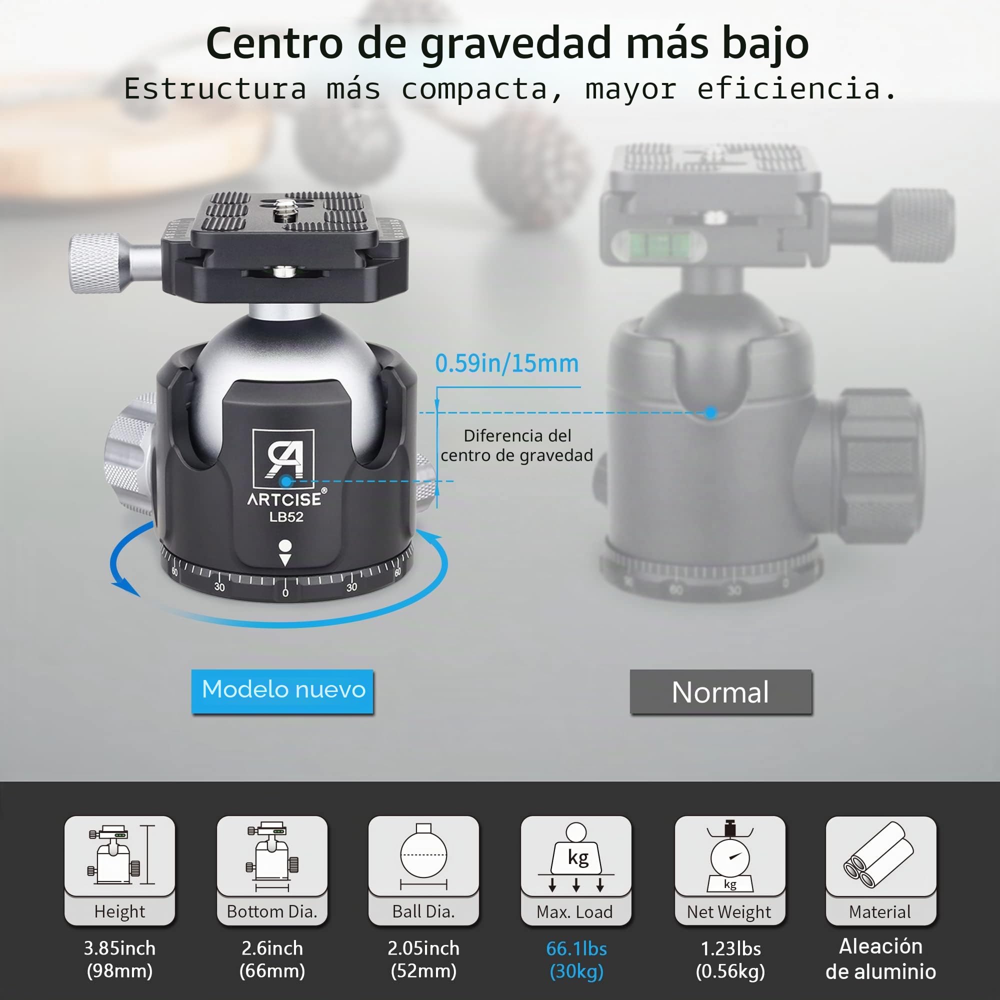 ARTCISE - Trípode de Fibra de Carbono con Cabezal de Bola de Perfil bajo de 52 mm y Bolsa de Piedra, Soporte de cámara de Viaje Resistente para videocámara Canon Sony Nikon DSLR, Carga máxima de 25KG