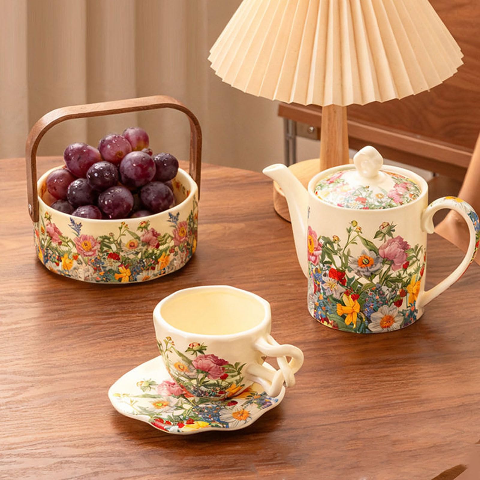 Keramik Teekanne 750ml Weiß Bunter Blumen Druck Integrierter Sieb Einschenktülle mit Blütenknauf HitzebestäNdiger FüR Losen Tee