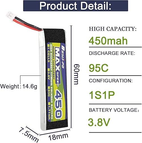 Miniatura 5 de Batería Lipo de 3.8 V 1S 450mAh 95C recargable de alto rendimiento con enchufe JST-PH2.0 para Emax Tiny Whoop Micro Quads FPV Racing Drone (4