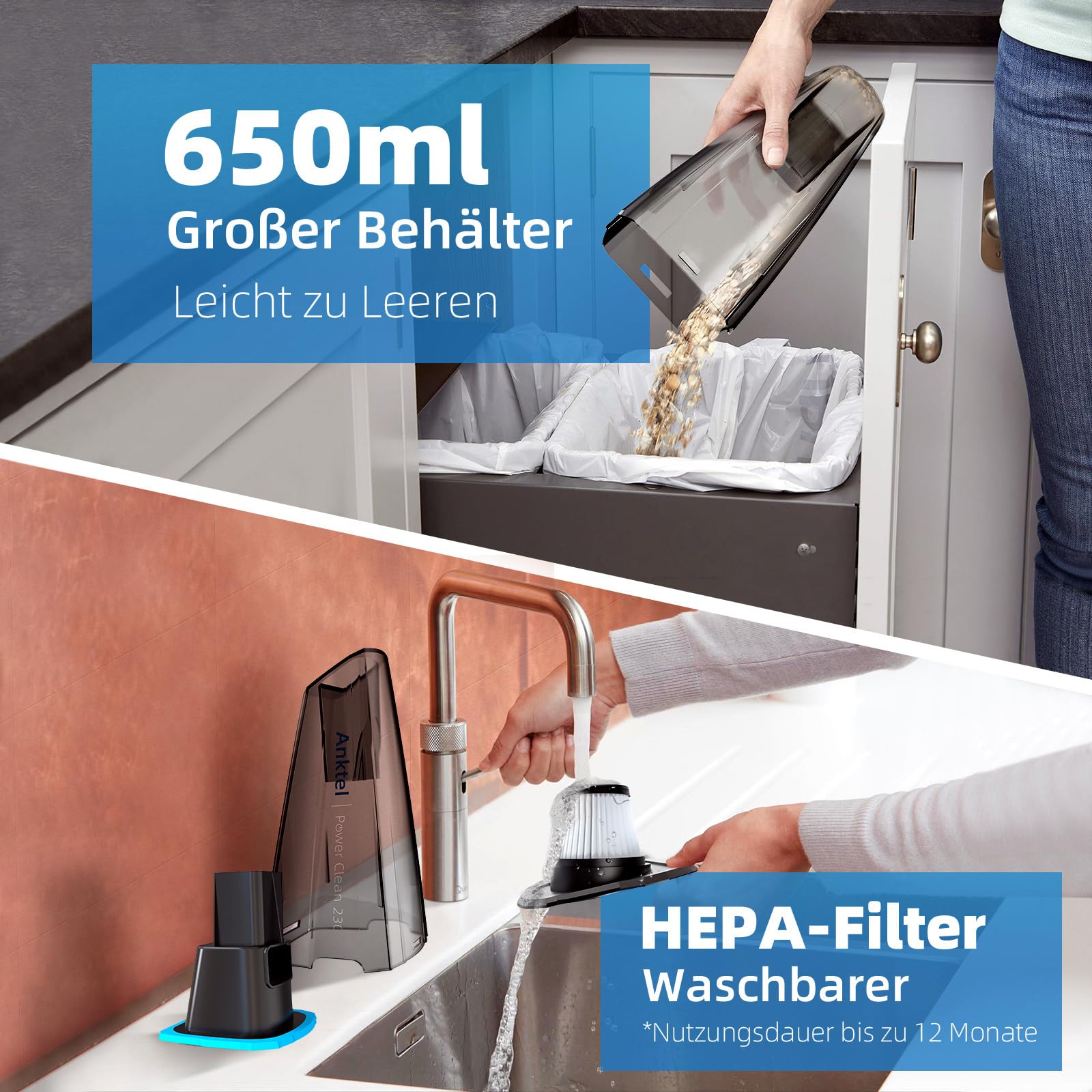 Anktel Handstaubsauger Testsieger mit Ladestation -PowerClean2300- Handstaubsauger Akku Kabellos Nass&Trocken mit Waschbar HEPA-Filter Handsauger Beutellos Staubsauger Ersatzfilter