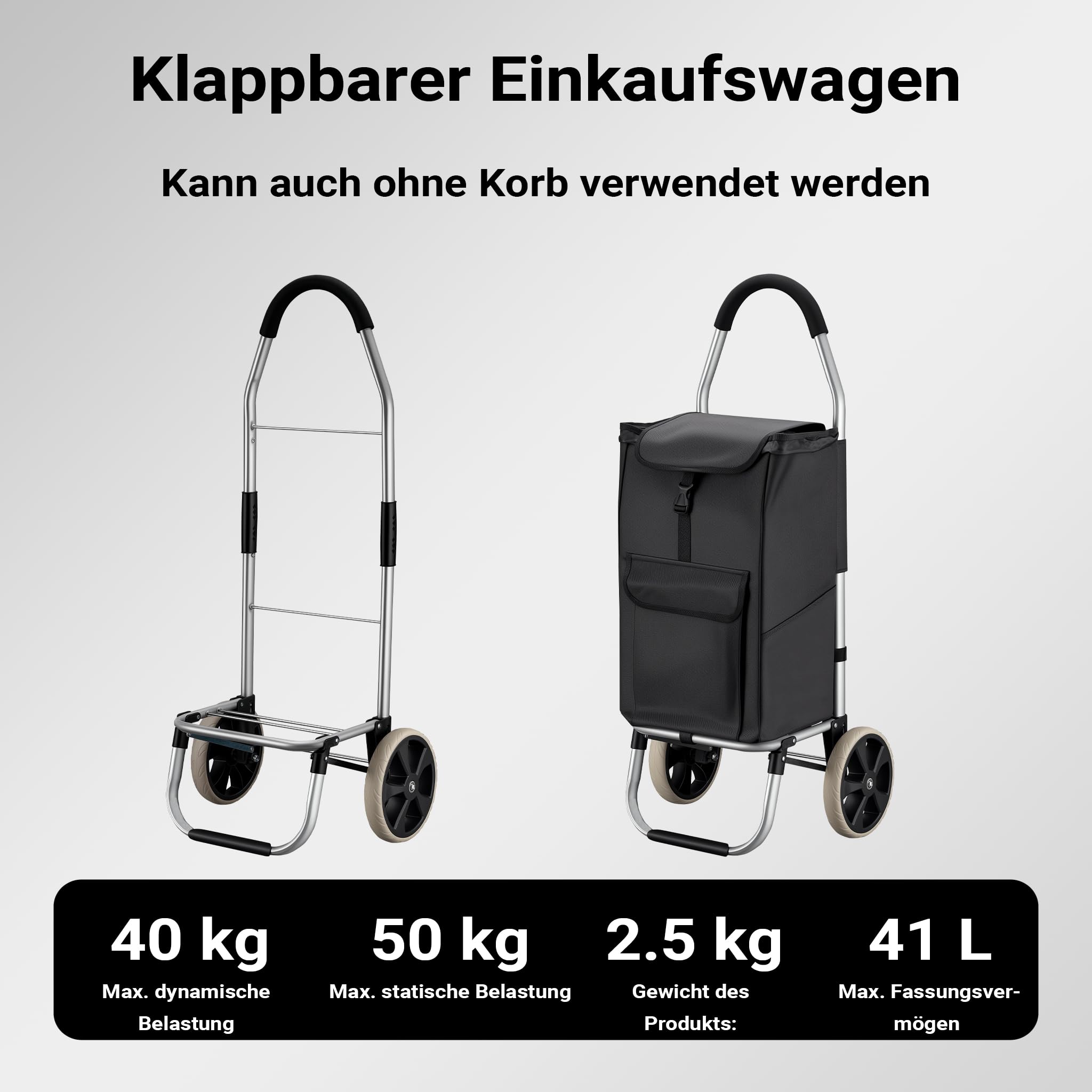 Wiltec Einkaufstrolley klappbar 36,5 x 44 x 103 cm bis 40 kg, Hackenporsche mit Zwei Rädern, Faltbarer Trolly Einkaufswagen mit Handgriff, Shopping Trolley mit großer Einkaufstasche