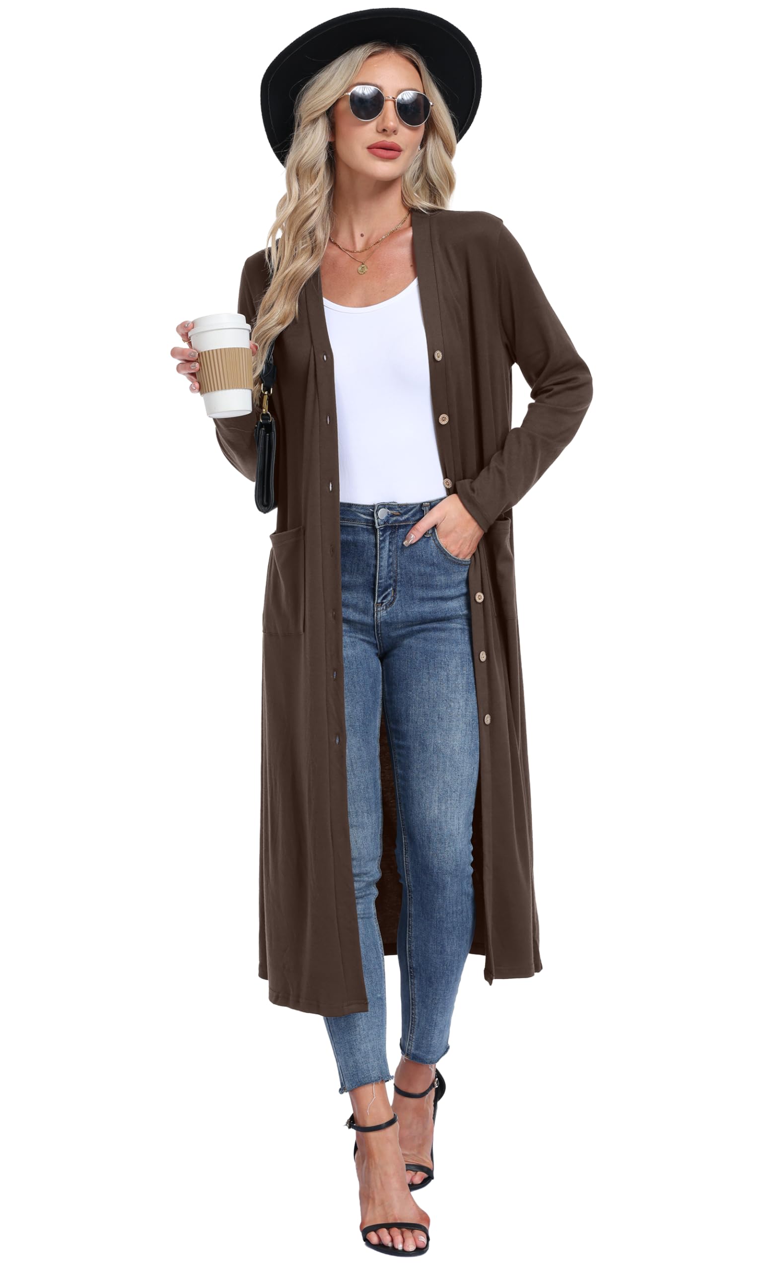 GRECERELLE Damen Sommer Lang Strickjacke Extra Langer Elegant Leichte Strickjacken Lässig Gestrickte Cardigan V-Ausschnitt Strickcardigan mit Retro Holzknöpfe, Taschen