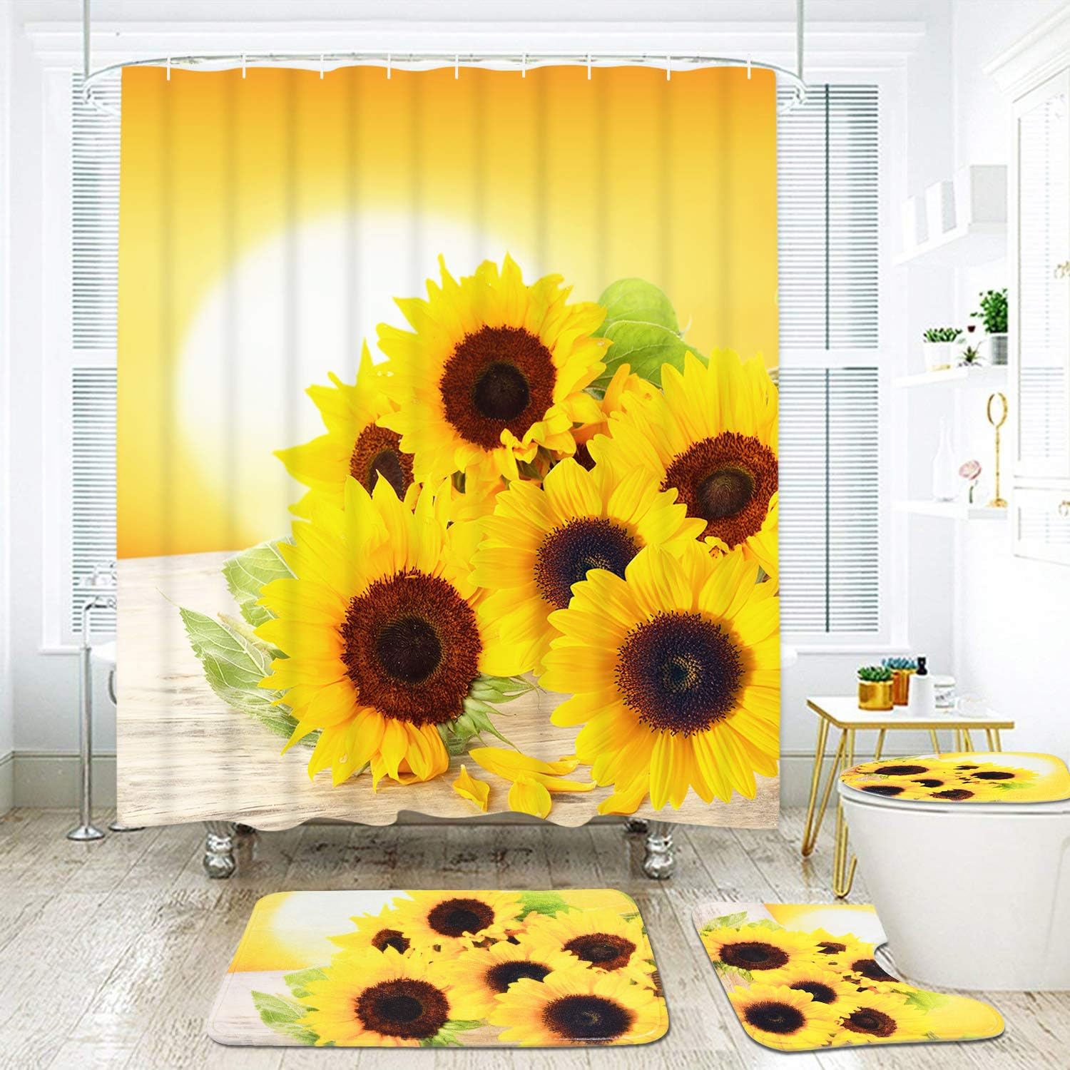 Buy Pknoclan 4 Pcs Sunflowers Shower Curtain Sets With Non Slip Rug Toilet Lid Cover And Bath Mat Yellow Flower Shower Curtains With 12 Hooks Waterproof Fabric Shower Curtains For Bathroom Hellip Online In