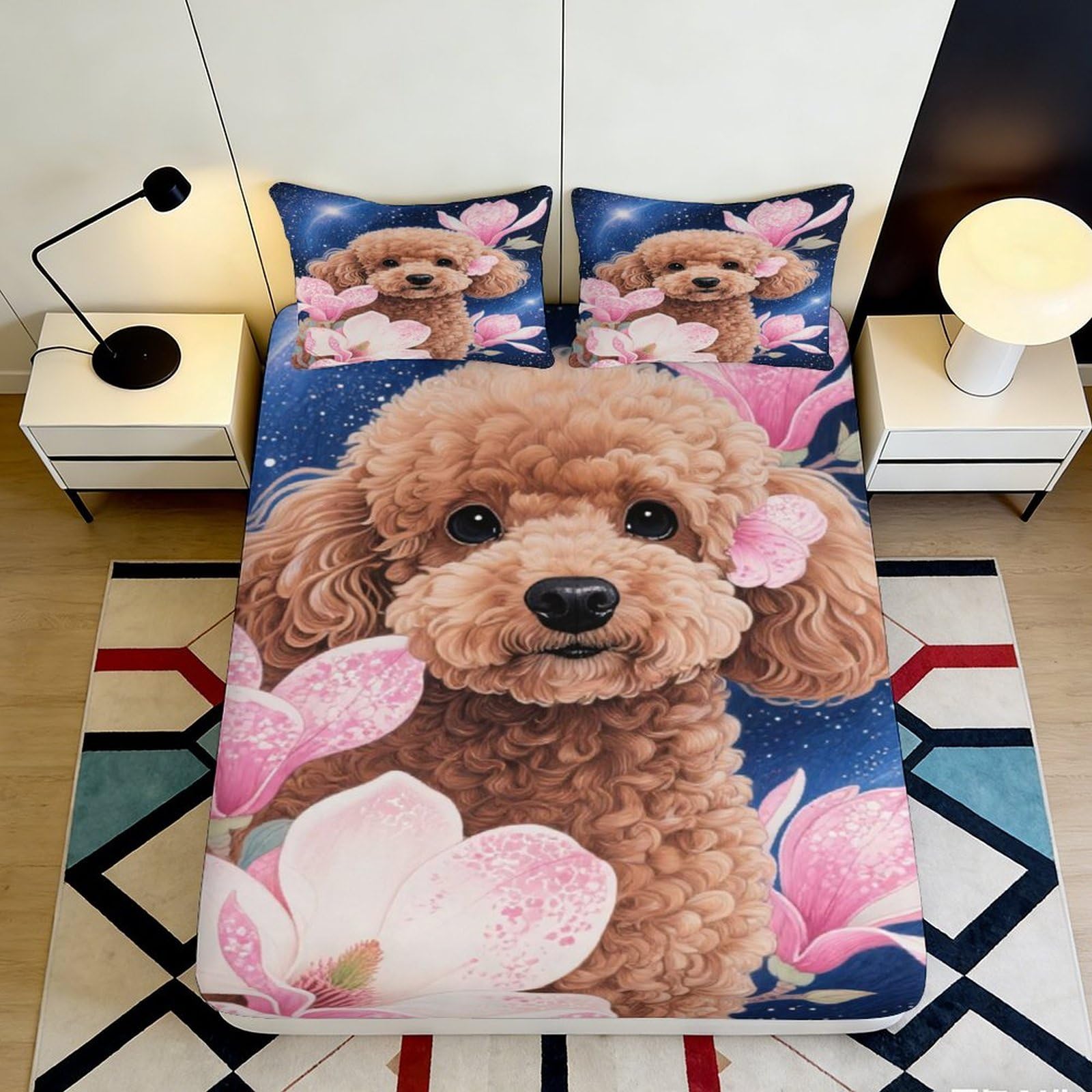 Uynsixtme Style-10 3D Printed Cute Poodle Fitted Sheet Microfiber Deep Pocket Full Wrap Bedroom Bedding Poodle Mattress Fitted Cover Non-Slip For Adults 140X200x25cm