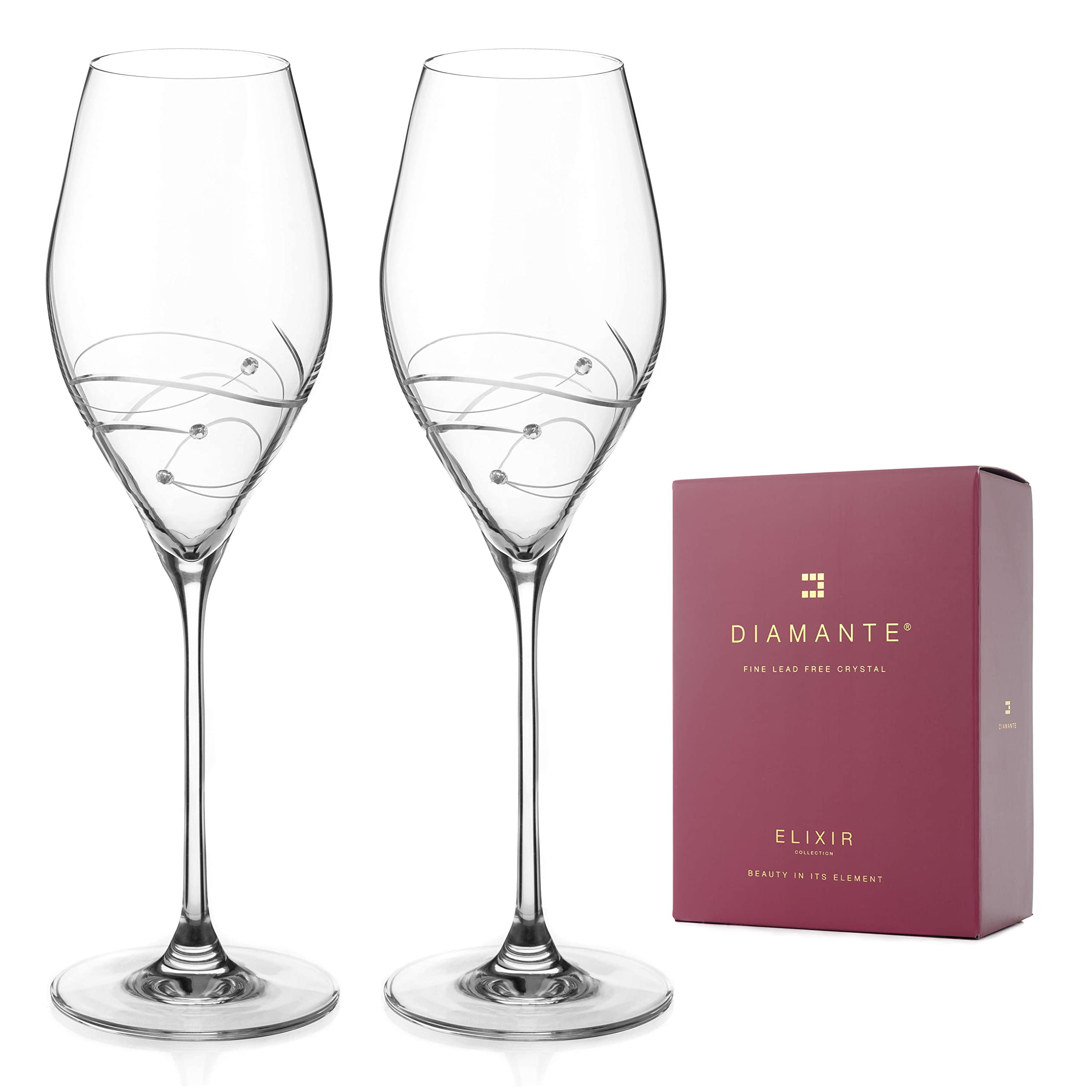 DIAMANTE Swarovski Prosecco Glasses Pair - 'Spiral' Design with Swarovski Crystals - Gift Box Set of 2, Transparent, 320ml - Image 2