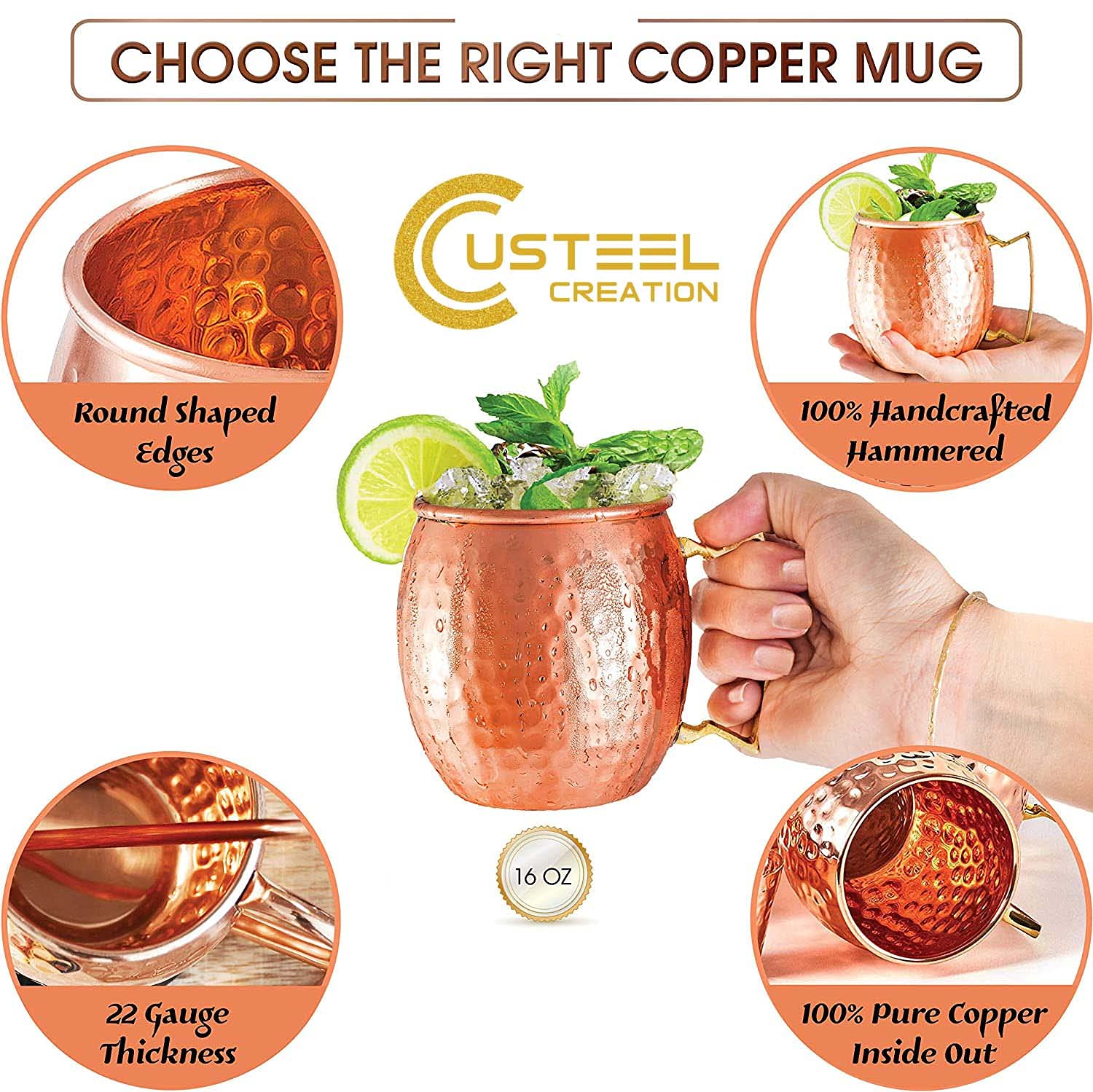 Moscow Mule -Copper Mugs -Set of 2-100% HANDCRAFTED Pure Solid Copper Mugs - 16 Oz- Gift Set With Cocktail Copper Straws- Copper Shot Glass - Copper Stirrer