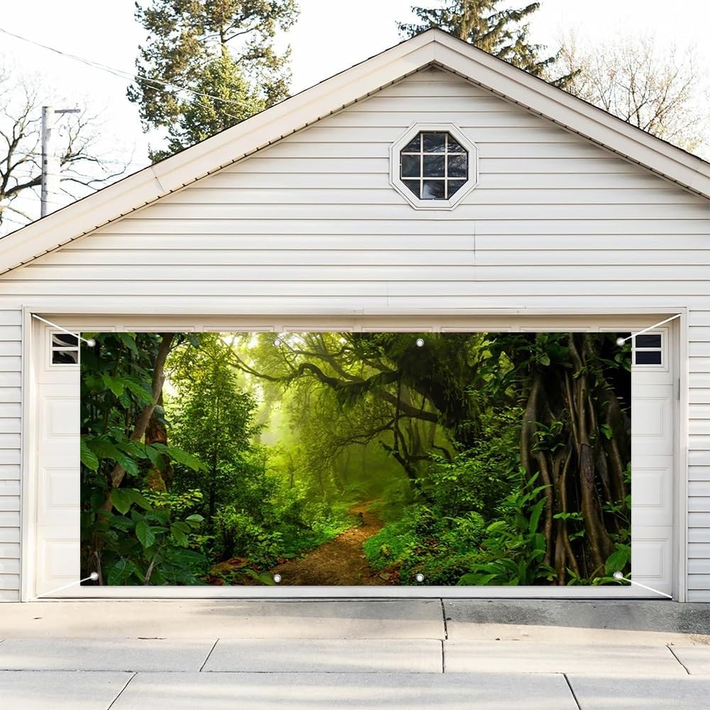 Leyiyi 6x13ft Jungle Forest Garage Door Banner Cover with Grommets Evergreen Forest Jungle Rainforest Old Trees Natural Scenery Wall Door Banner Cover Outdoorsy Camping Theme Party Decorations