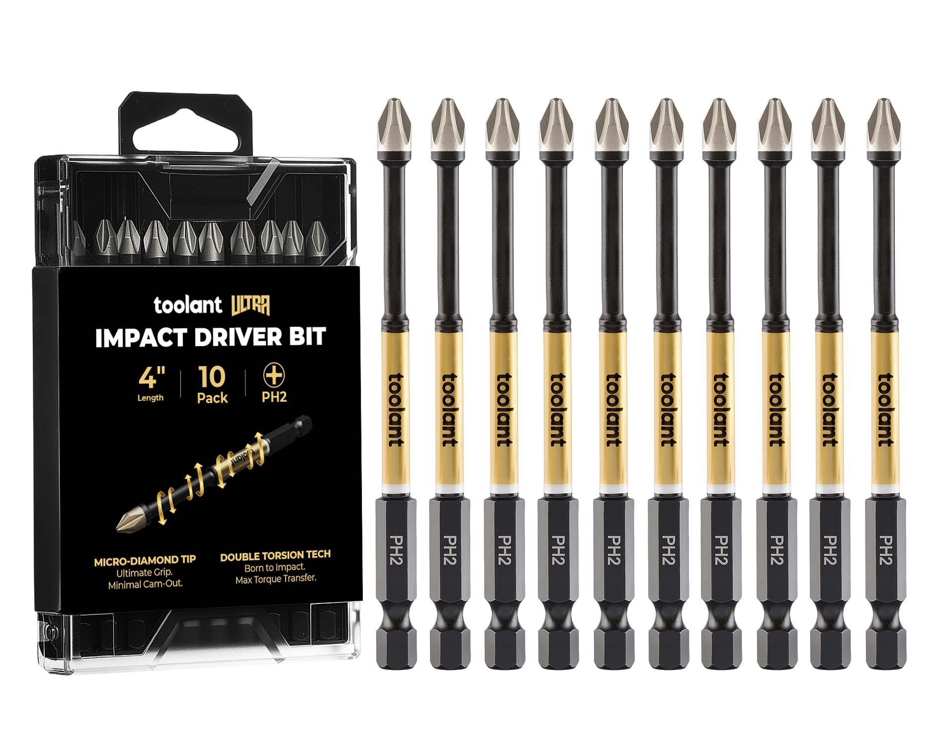 toolant PH2 Phillips Impact Bit Set, 4 Inch, 10-Piece, Magnetic