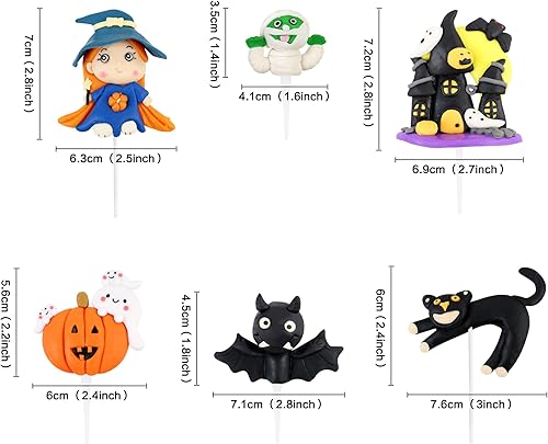 Miniatura 2 de Ercadio Paquete de 6 adornos de resina 3D para tartas de Halloween, castillo de bruja, gato, palillos para tartas de Halloween, calabaza,