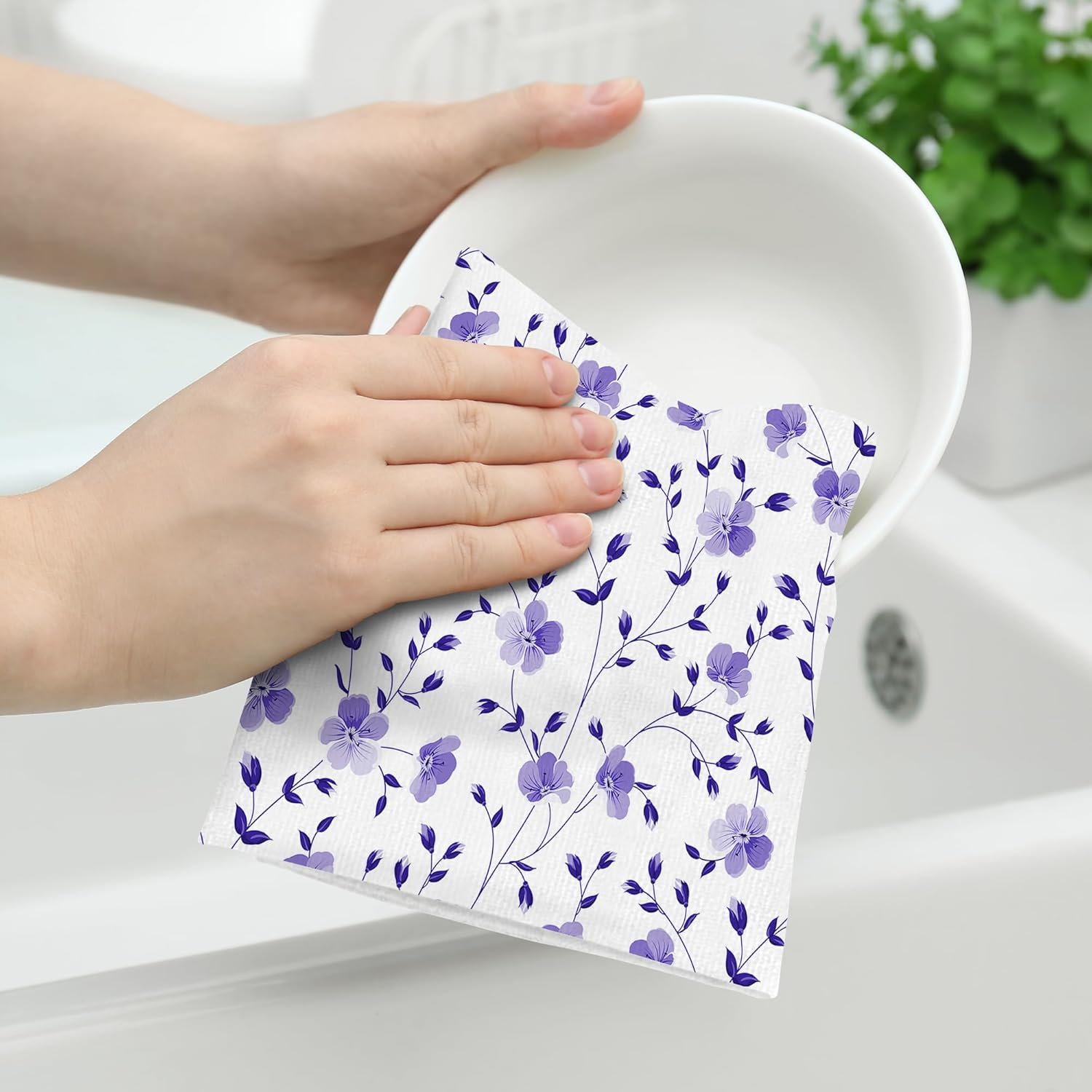 Purple Flower Kitchen Dish Towels Set of 2, Absorbent Drying Cloth Tea Towels for Cooking Baking Farmhouse Home Decor, Decorative Dish Towel Hand Towel for Kitchen Clearance - Image 3