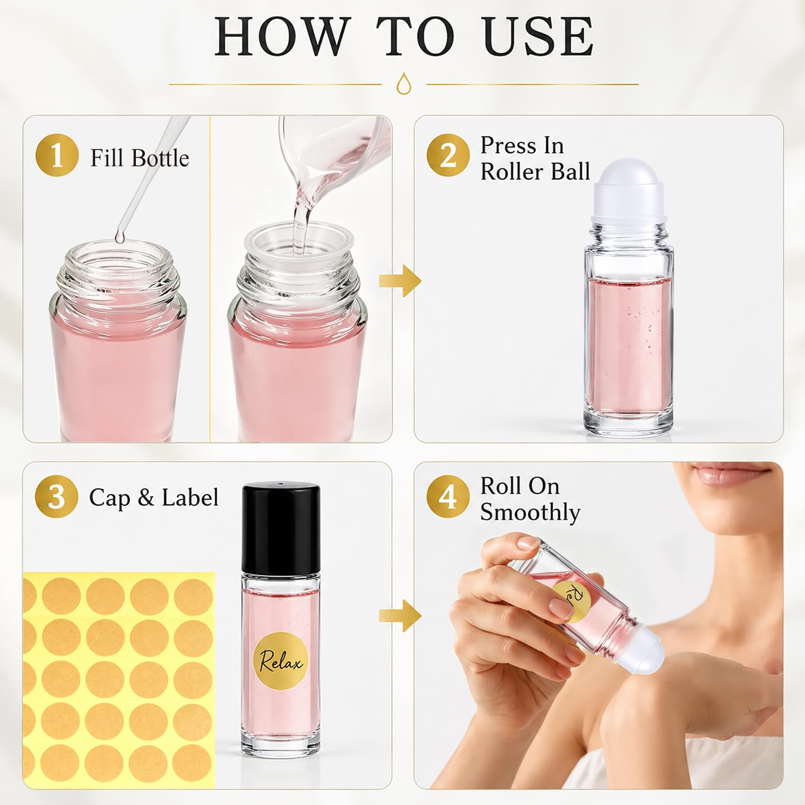 4 x 50ml Botellas de Rodillo de Vidrio, Botellas Vacías con 2 x 5ml Pipetas, Embudo de Plástico & Pegatina, Anti-Fuga para Aceites Esenciales, Perfume, Aromaterapia