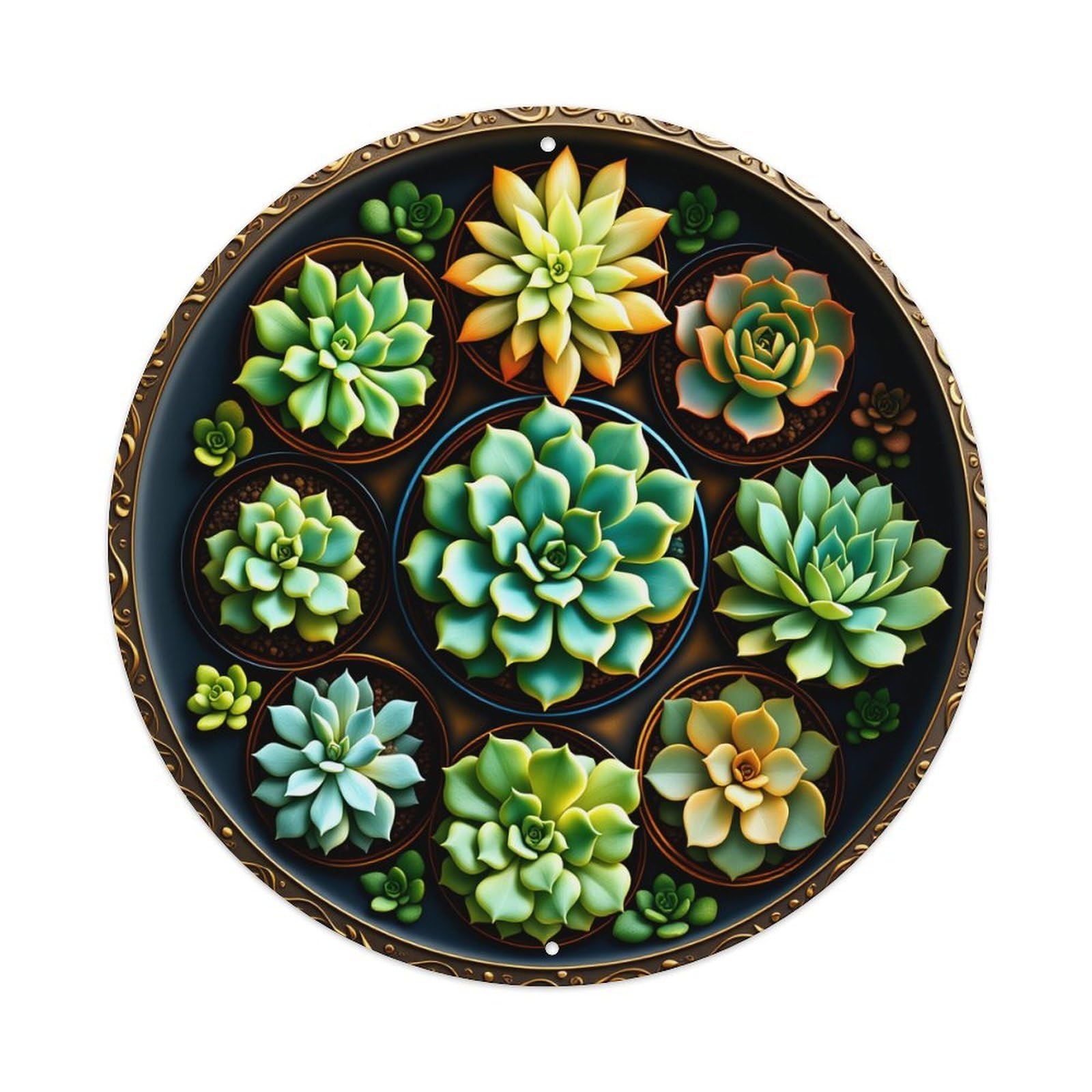 Succulent Arrangement In Circular Pattern With Golden Art Round Vintage Tin Sign,Retro Wall Art,Metal Poster for Home, Bar, Garage, Cafe, Rustic Indoor & Outdoor Decor, 8x8 Inches