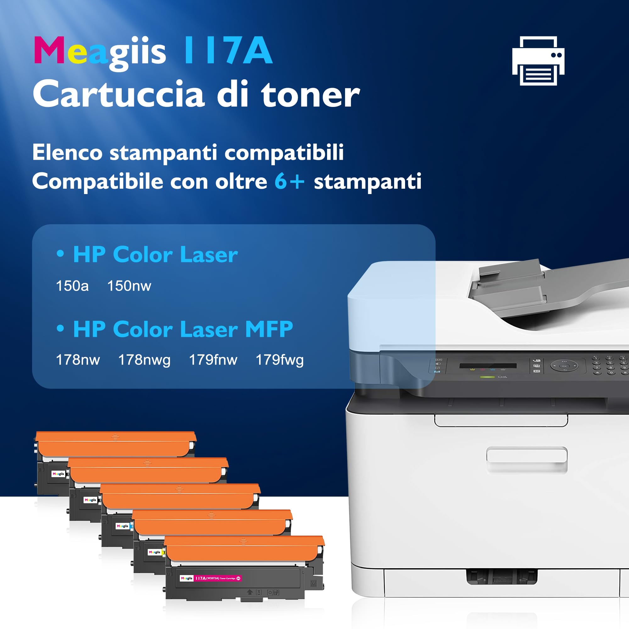 117A Toner Compatibili con HP 117A Toner (5 Pezzi) | Compatibili con HP Color Laser 150nw, 179fnw, 178nw, 150a, 178nwg, 179fwg; Con Chip; 2 Nere, 1 Ciano, 1 Magenta, 1 Giallo
