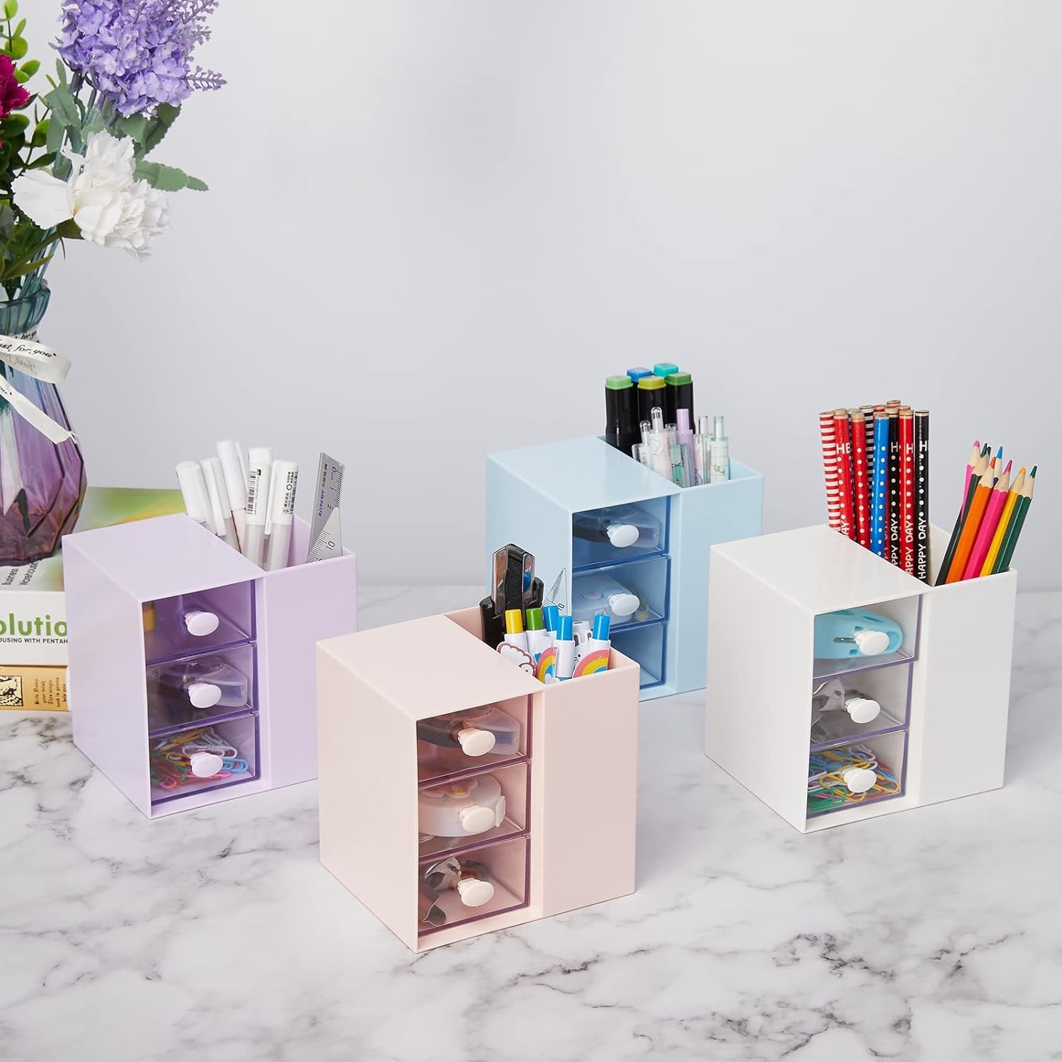 Schreibtisch-Organizer, Kunststoff-Schreibtisch-Organizer mit Schublade, Aufbewahrungsbox für Büro und Geschäft, Kosmetik- und Make-up-Organizer, Schreibtisch-Organizer für die Sammlung (Farbe: Rosa