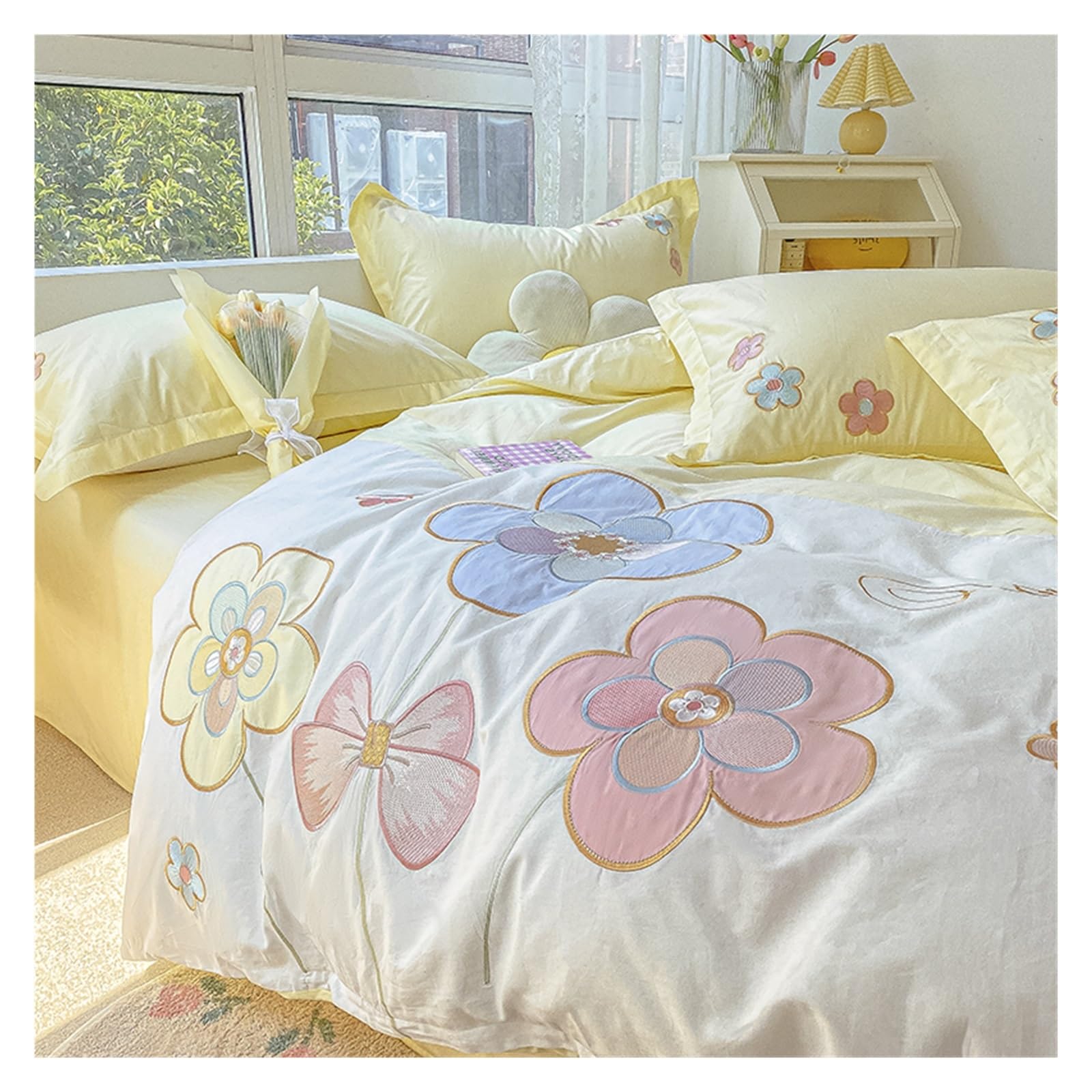 Housse de couette brodée florale haut de gamme en coton jaune pour lit 2m
