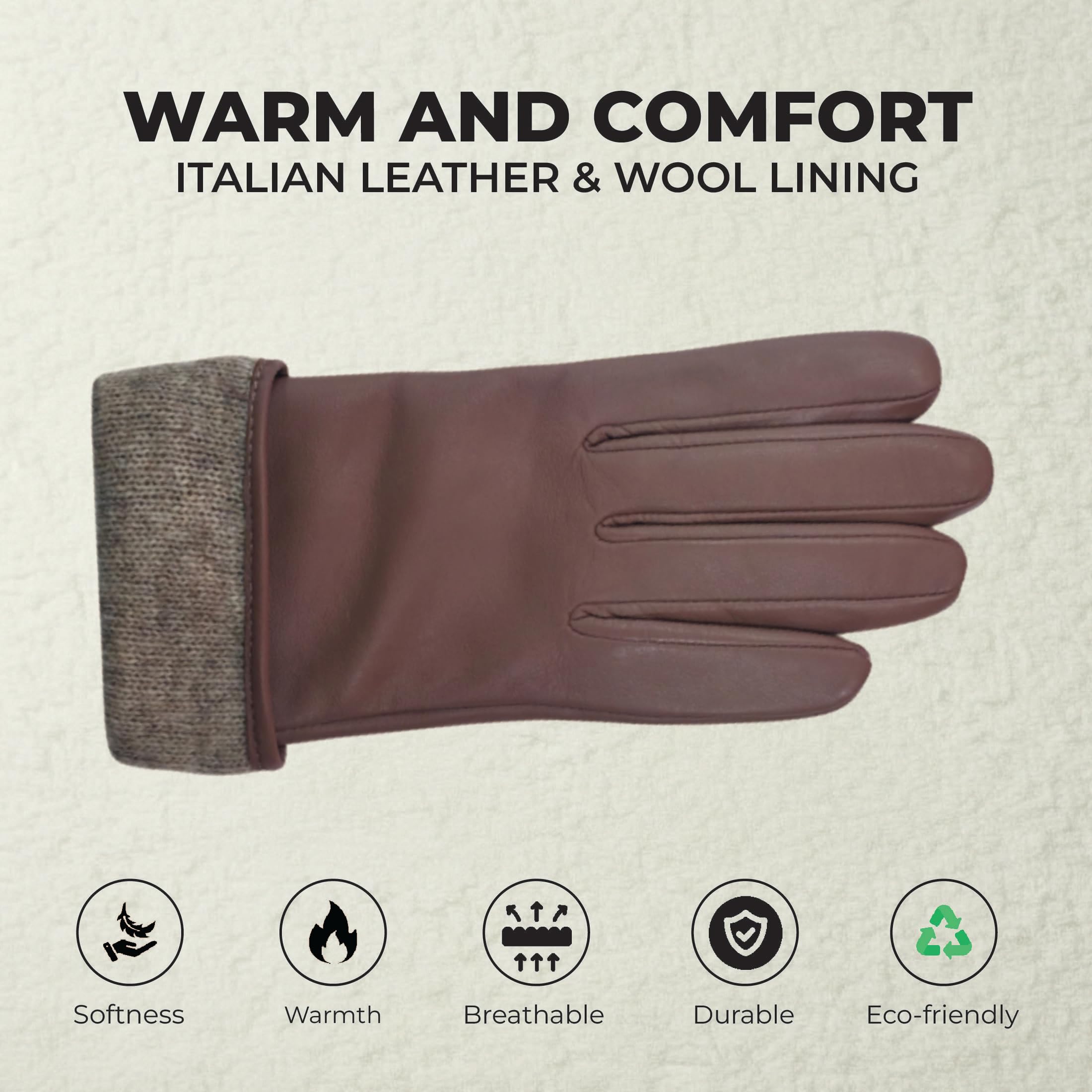 Infinity Leather Italienische Damen Winterhandschuhe aus Leder Wollfutter, Touchscreen Kompatibel, Wasserabweisende Fahrhandschuhe mit Knopfverschluss