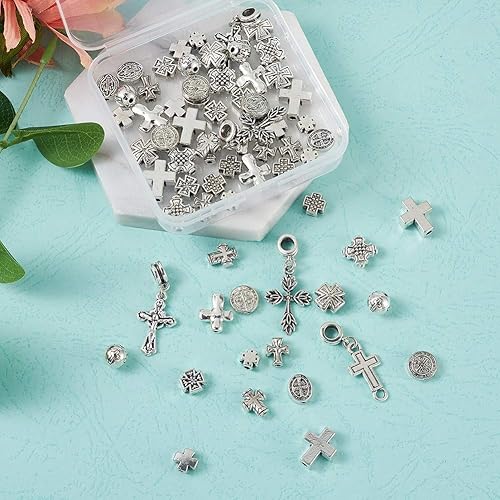 Miniatura 6 de Cheriswelry 100 cuentas de aleación de corazón cruzado de 25 estilos de estrella de flores planas, redondas, ovaladas, espaciadores, cuentas