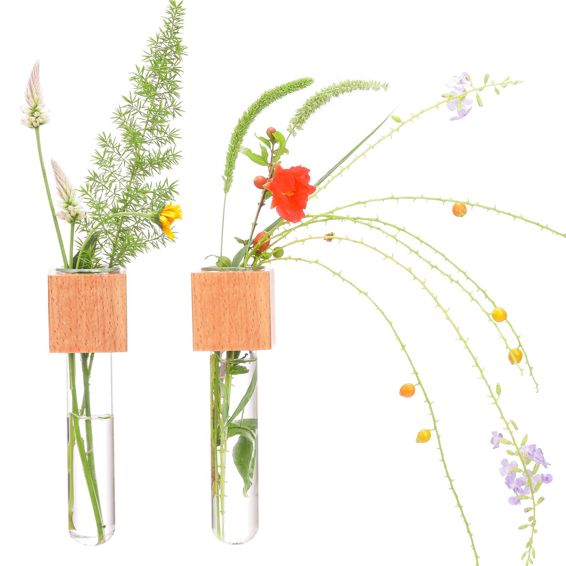 Gartely Natural Wooden Wall Planter Glass Plant Propagation Stations Fridge Glass Tube Single Stem Bud Vase 2Pcs/Set Modern Decorative Cube Wood Window Flower Vase Refrigerator Magnetic Mini Glass Vase With Dropper