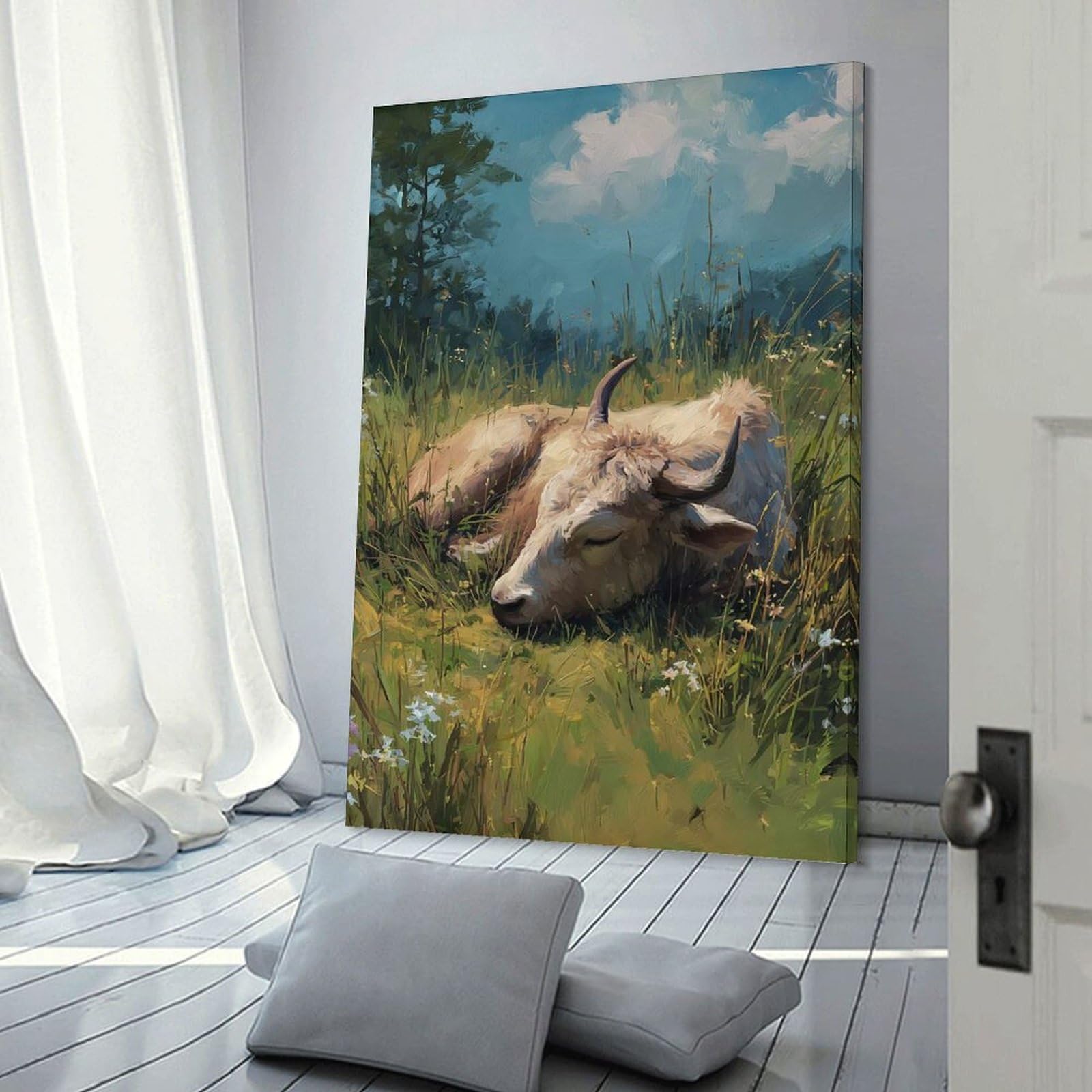 Junmoney Canvas Art Print Cow Sleeping in A Field, 20x30inch(50x75cm), for New Homes, Bedrooms Or Workspaces, Thoughtful Wall Decor for Art Lovers