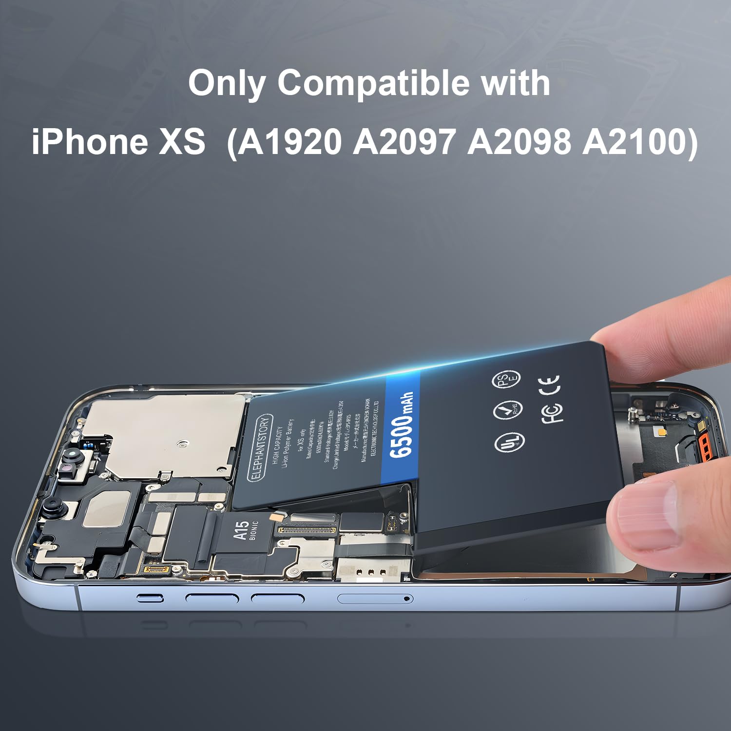 Elephantstory Batteria per iPhone XS, 6500mAh Batteria ai Polimeri di Litio ad Alta Capacità con Strumenti di Riparazione e Guida Compatibile con A1920 A2097 A2098 A2100