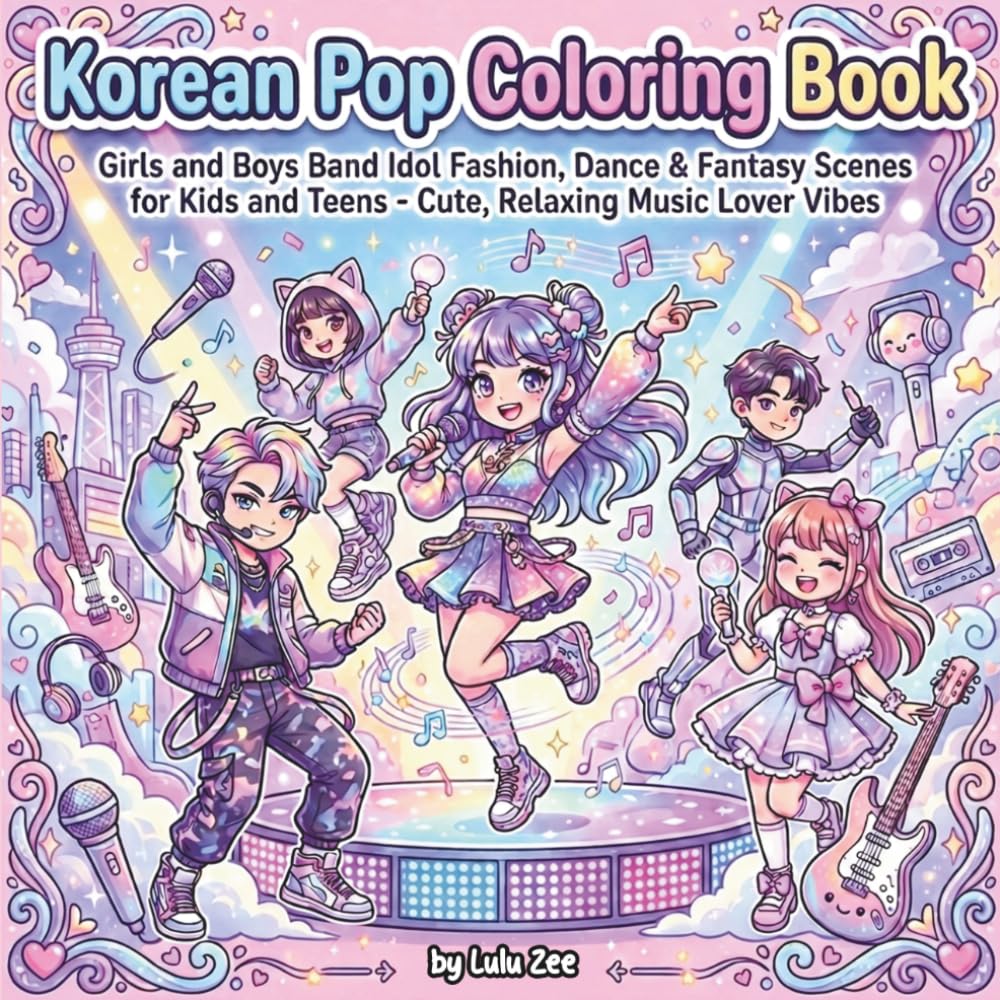 Korean Pop Coloring Book: Girls and Boys Band Idol Fashion, Dance & Fantasy Scenes for Kids and Teens – Cute, Relaxing Music Lover Vibes