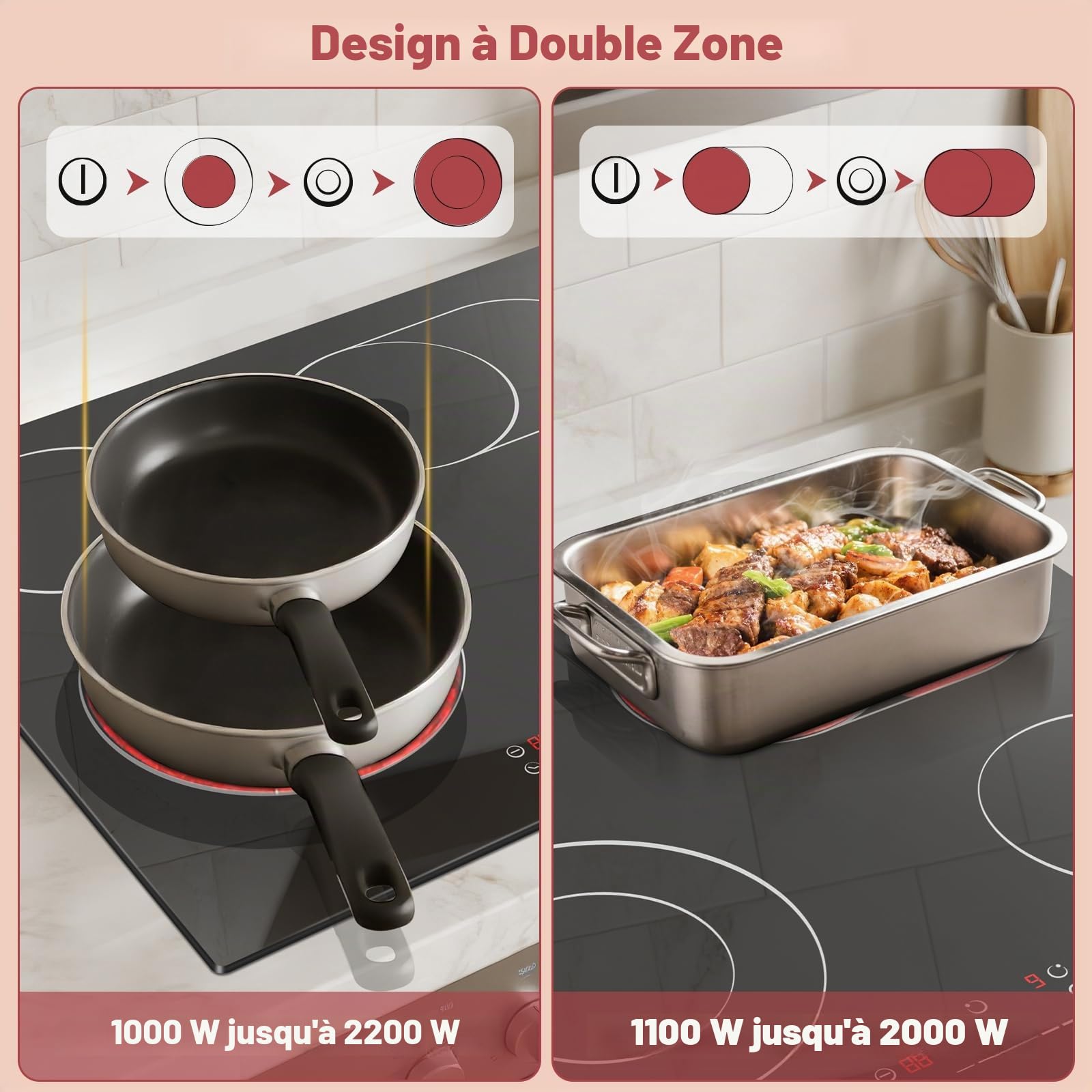 NOXTON Plaque Vitrocéramique 4 Feux, Plaque Electrique Encastrable 6600W, 60 cm Plaque de Cuisson Vitrocéramique avec Zone Ovale, 9 Niveaux de Puissance, Minuterie, Sécurité Enfants
