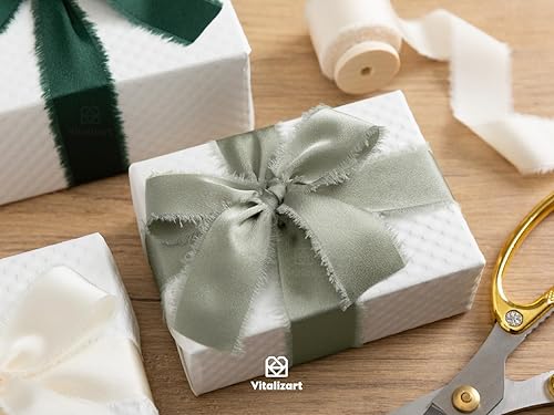 Miniatura 4 de Vitalizart Cinta de satén de seda de 1 pulgada x 15 yardas, carrete de madera verde y crema, cinta deshilachada hecha a mano para envolver regalos,