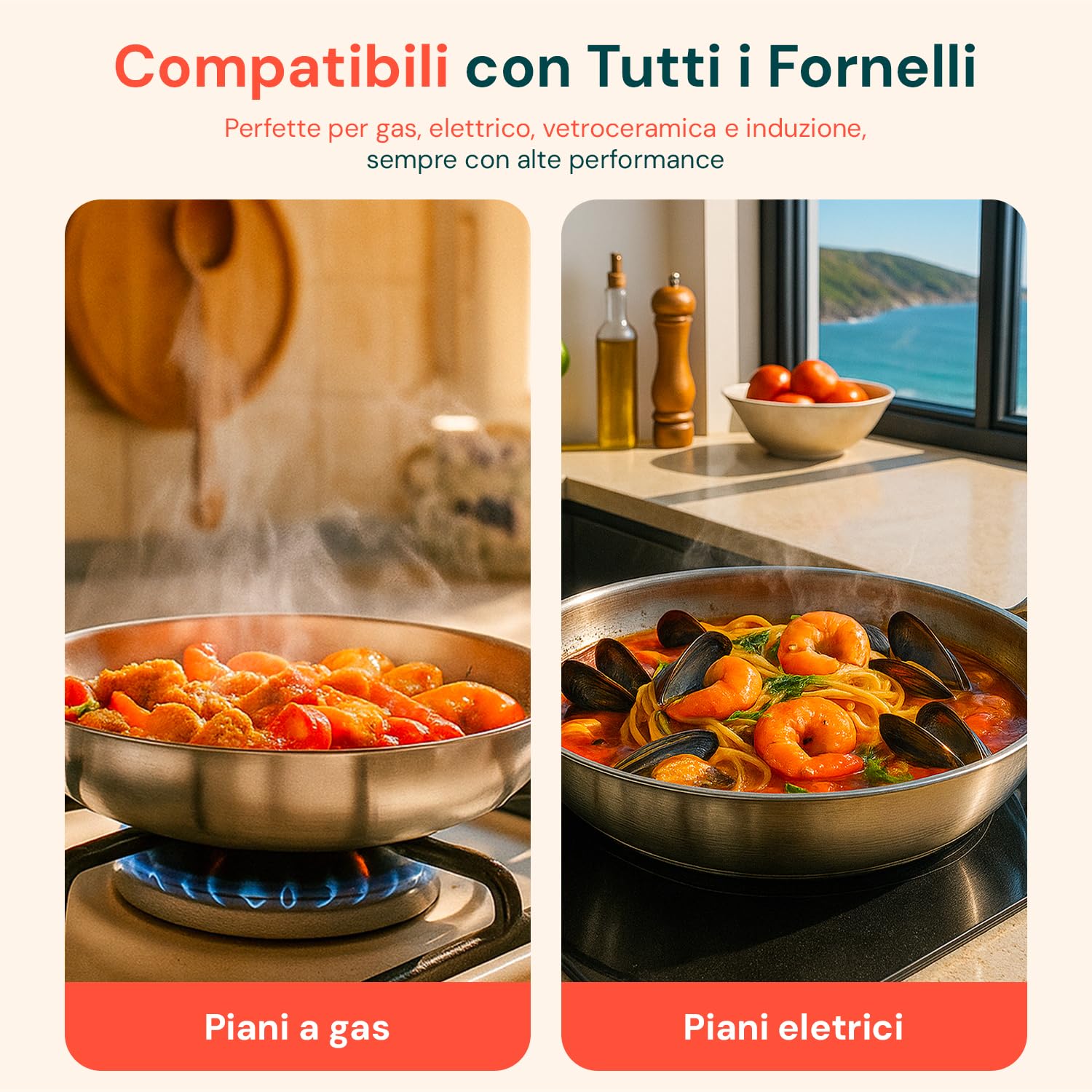 Wintem Wok Saltapasta 32cm in Alluminio Riciclato e Manico Ergonomico in Acciaio Inox - Doppio Fondo Brevettato 16,6cm e Adatto a Tutti i Tipi di Piani Cottura - Resistente fino a 300°C