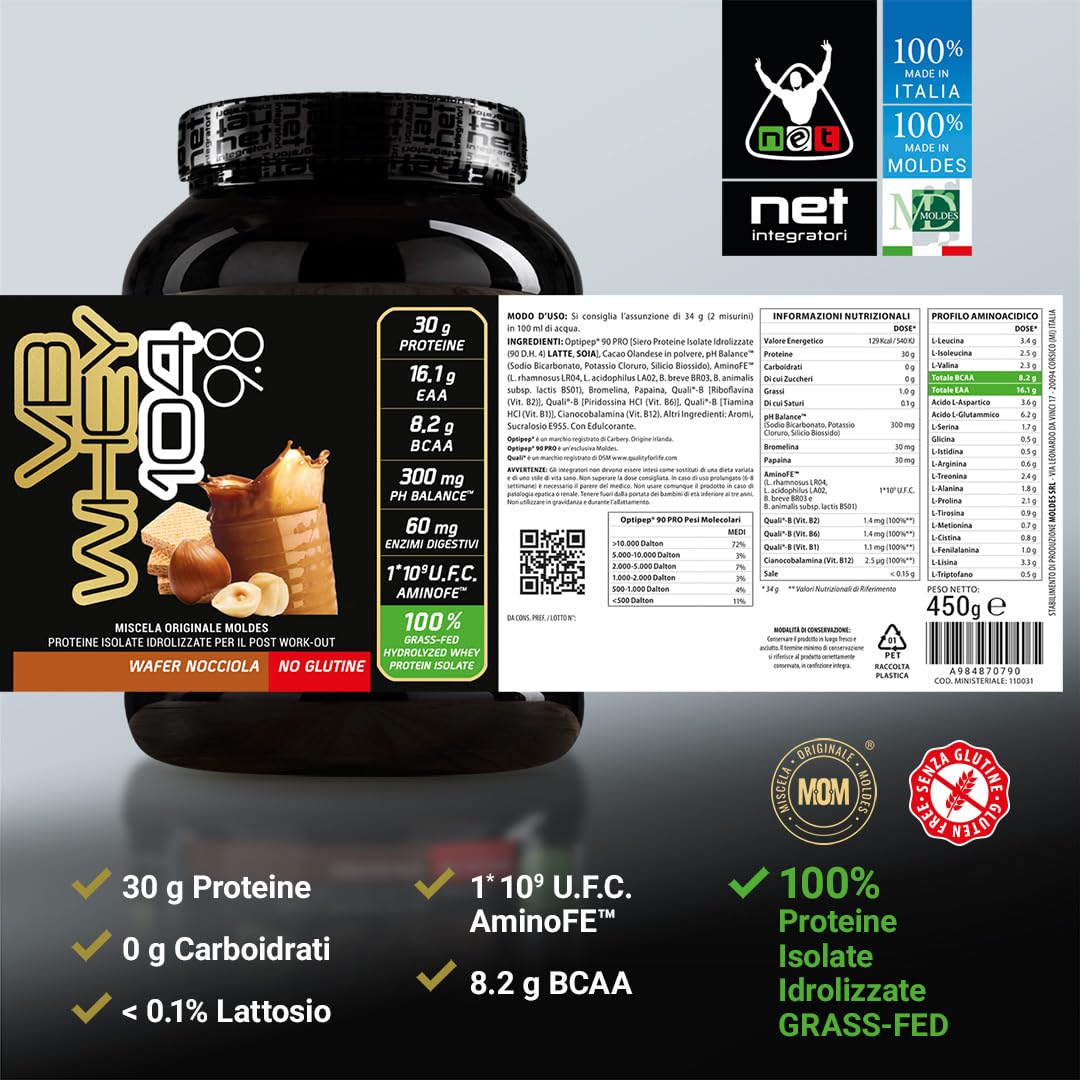 NET Integratori VB WHEY 104 9.8 Optipep - 450g Wafer Nocciola - Proteine Isolate Idrolizzate per via Enzimatica Con EAA e BCAA - Massimizza Sintesi Proteica, Crescita e Mantenimento Muscolare