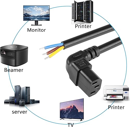 Miniatura 2 de CERRXIAN 2 pines hembra de 1 pie y 90 grados hacia arriba IEC 320 C13 hembra de 3 pines con cableado abierto pelado, repuesto resistente C13 a cable