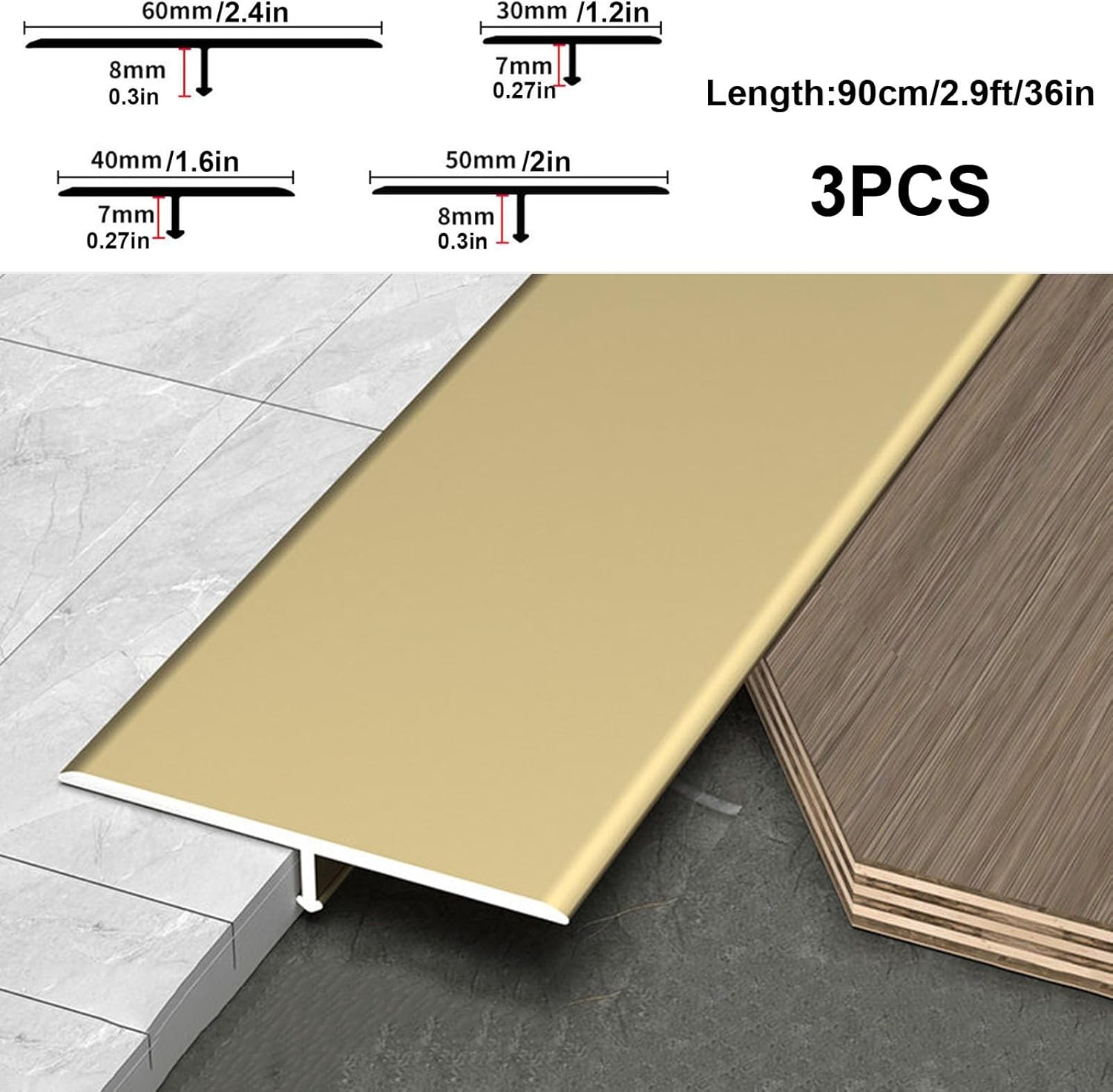 Threshold Floor Transition Strip Trim, Aluminum Floor Transition Strip, Width 1.2" 1.6" 2" 2.4" T Molding Trim For Joining Floor Gaps, 3Pcs(Gold,W2xL36in/5x90cm)