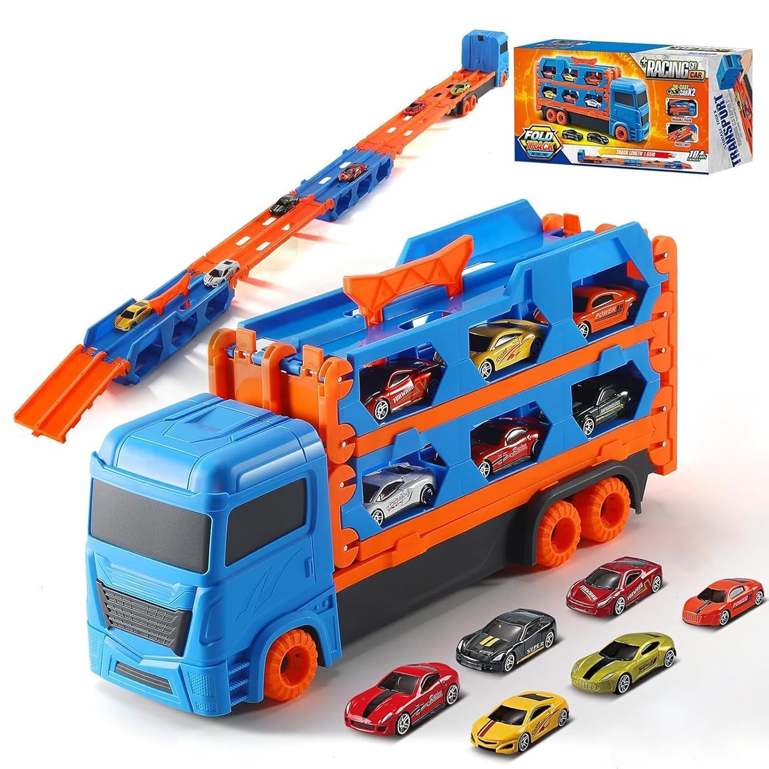 WireScorts Big Hauler Transport Truck Toy with Foldable Ejection Race Track, 2 Die-Cast Cars Included, for Kids Boys 3+ Years, Blue-image-11