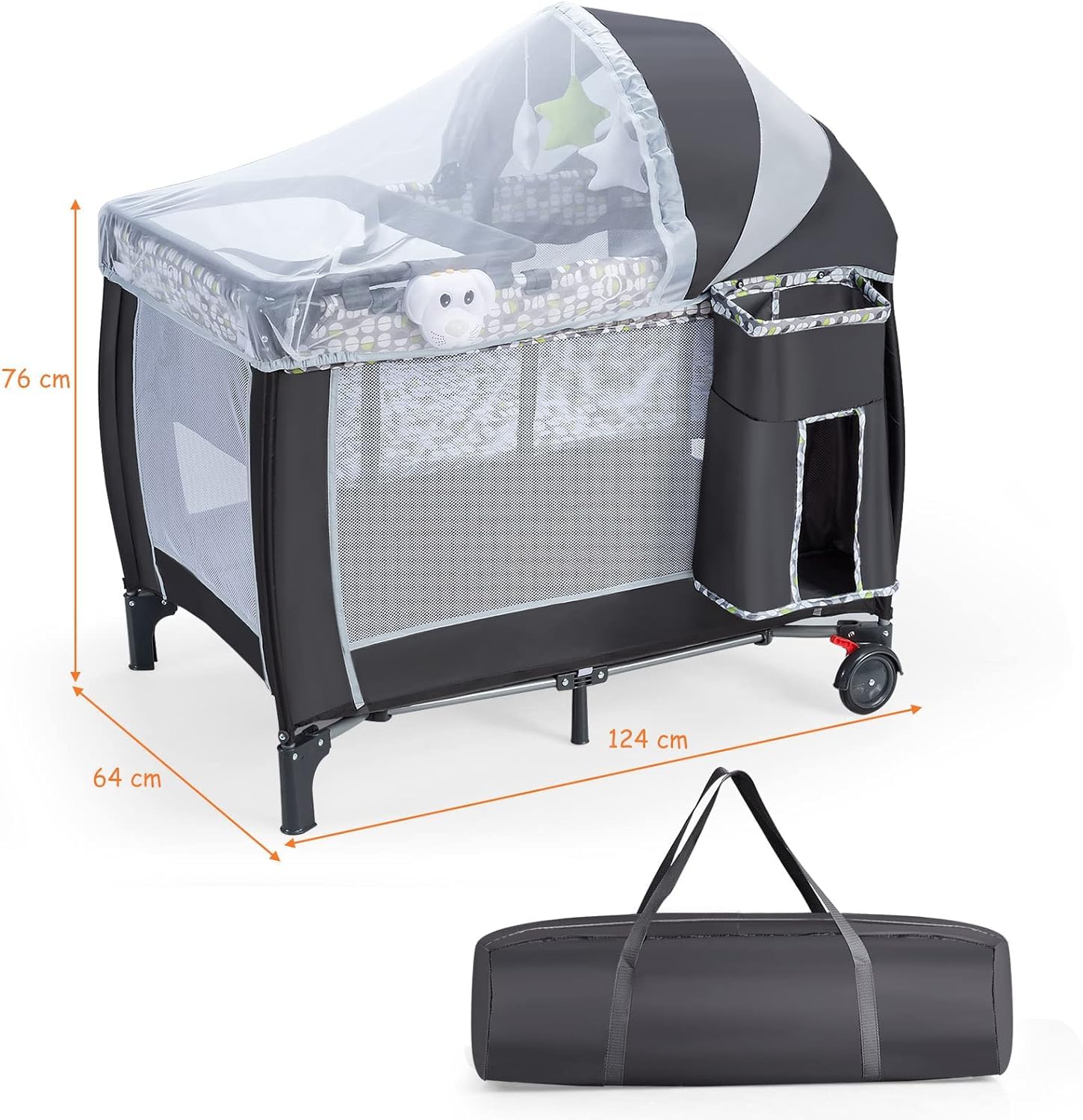 GOPLUS Cama Plegable con Ruedas, Cambiador y colchón, Cuna de Viaje con Lindos Juguetes y Bolsa de Transporte, Apta para bebés de 0 a 36 Meses, Carga máxima 15 kg, Gris