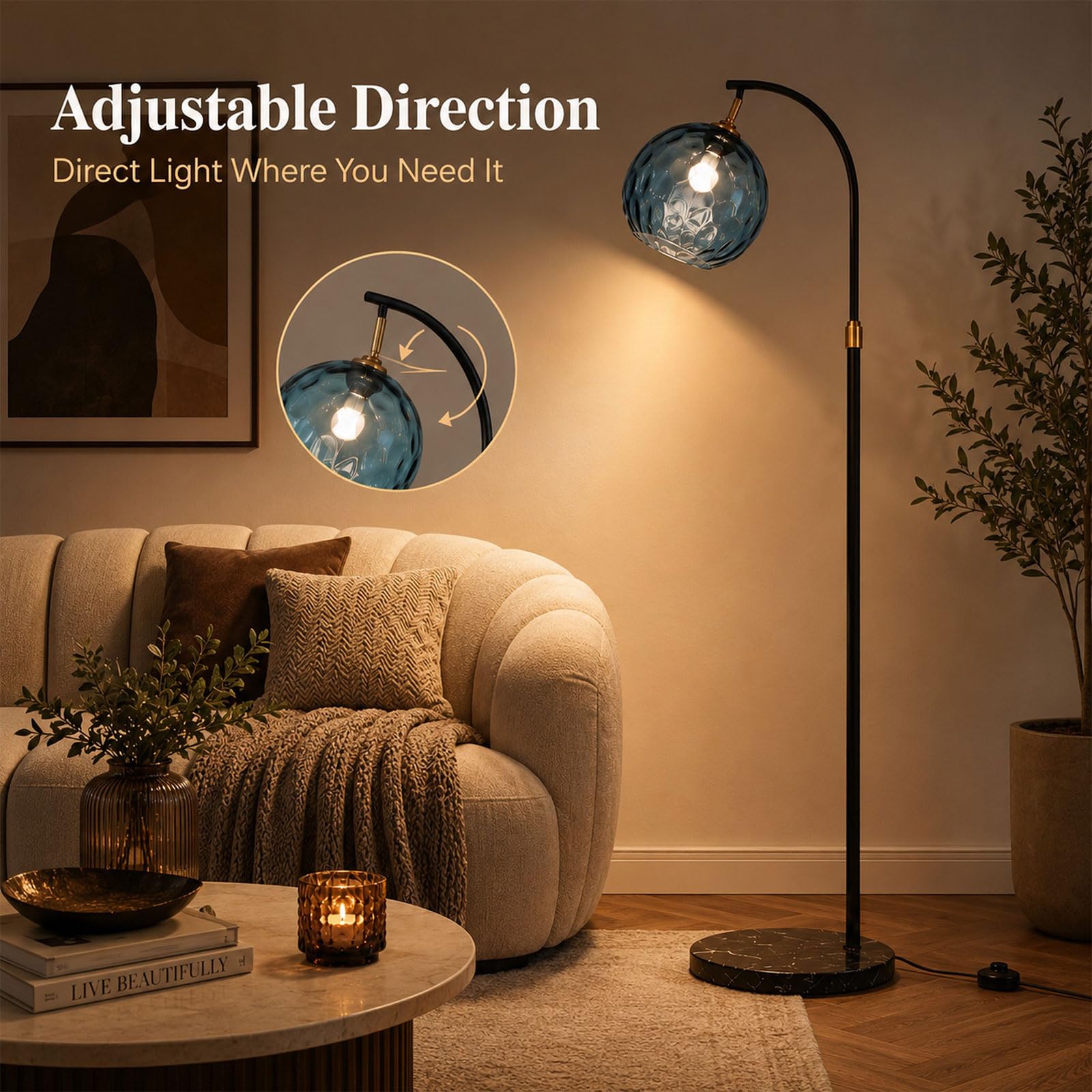 Lampada Da Terra Ad Arco Nordico, Lampada Da Terra In Vetro A Globo, Base In Marmo, Con LED E27, Dimmerabile, Altezza Regolabile, Lampada Alta Per Soggiorno, Camera Da Letto, Studio