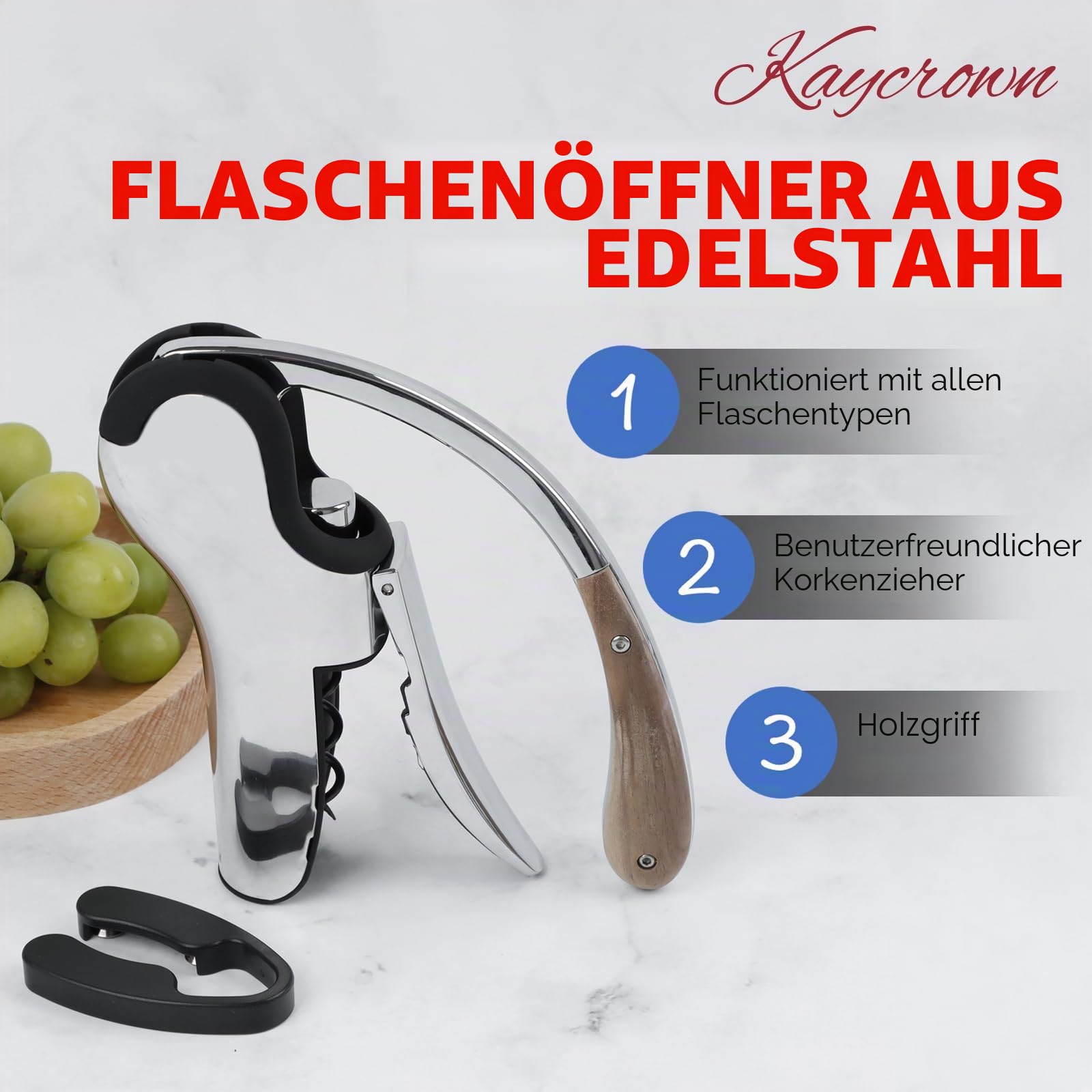 KAYCROWN Weinflaschenöffner aus Edelstahl, vertikaler Hebel-Korkenzieher mit integriertem Folienschneider-Design, manueller Handkorkenzieher mit ergonomischer Hebelpumpe