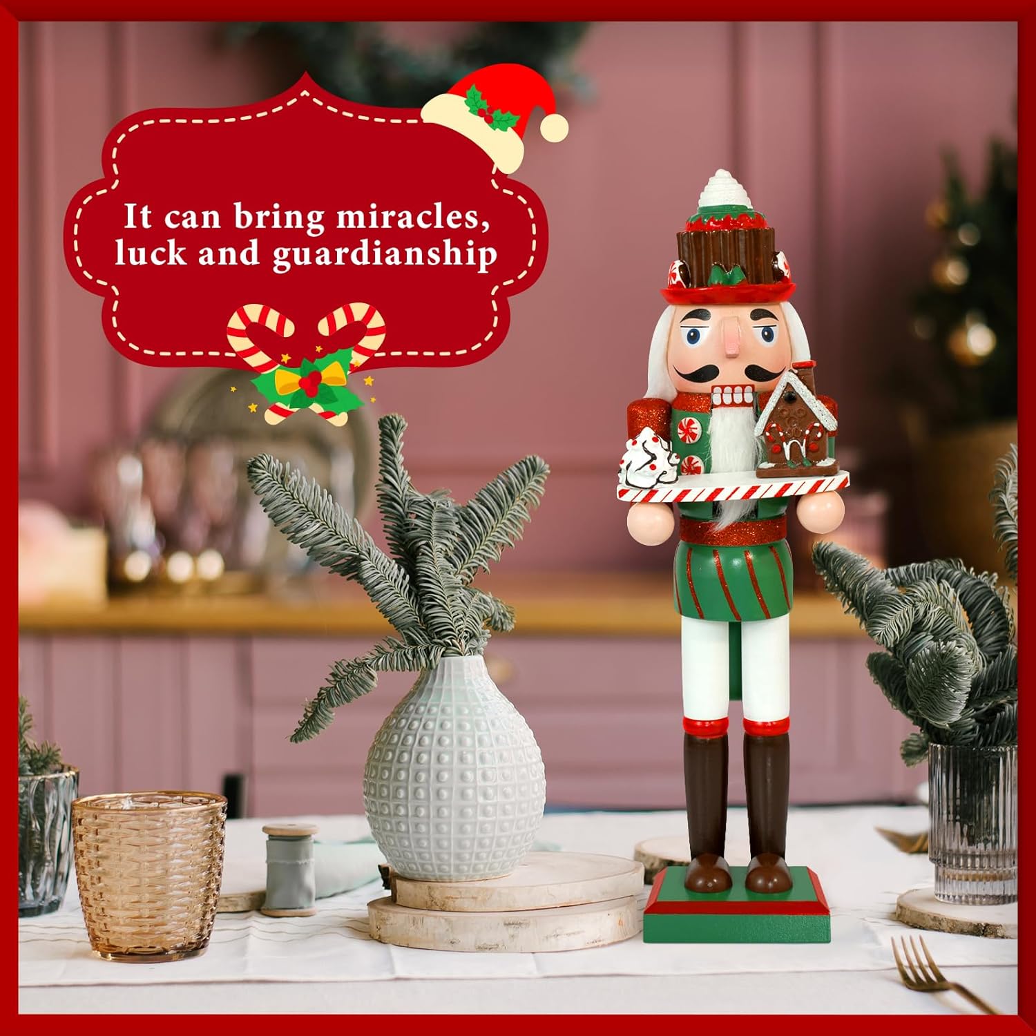 Christmas Baker Nutcracker Decorations - 14 Inch Chef Gingerbread Figures Handmade Wooden Cook Holding Cake & Cabin for Xmas Kitchen Table Home Party Holiday Christmas Ornaments Gifts