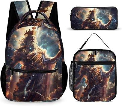 Zeus God Greek Mythology 3 Pcs Backpacks Set Combination 16 Travel Backpack Portable Lunch Bag Pencil Case for Unisex