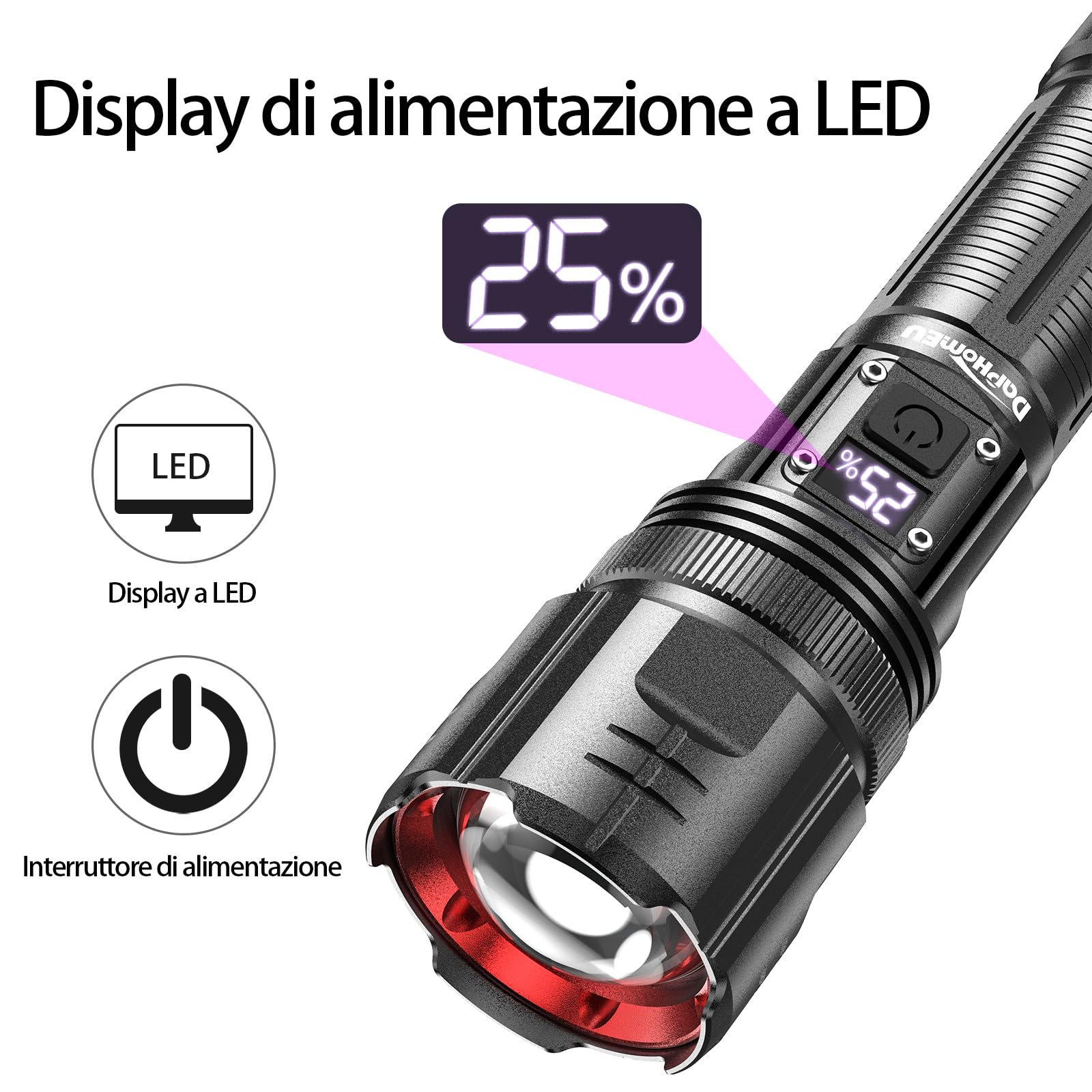 Torcia LED XHP70 LED Potente Torcia Tattica USB Ricaricabile, 5 Modalità Di Illuminazione