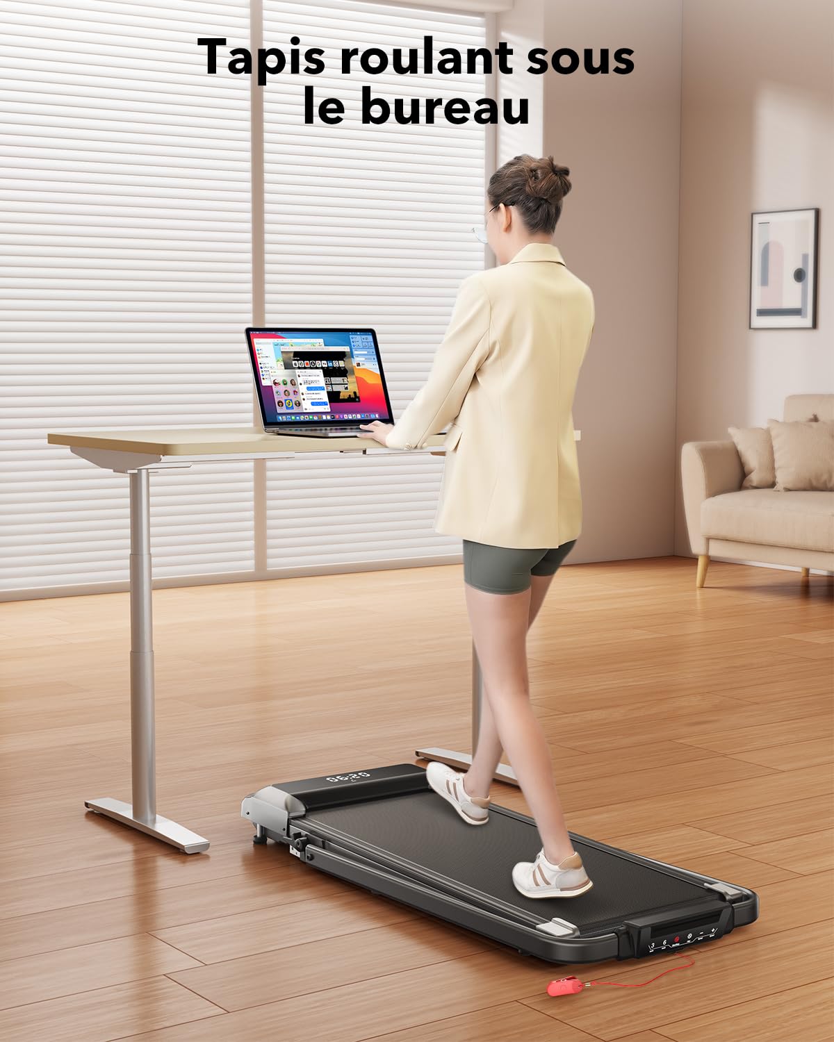 TOPUTURE Ctm216 Treadmill folded and being moved with transport wheels.