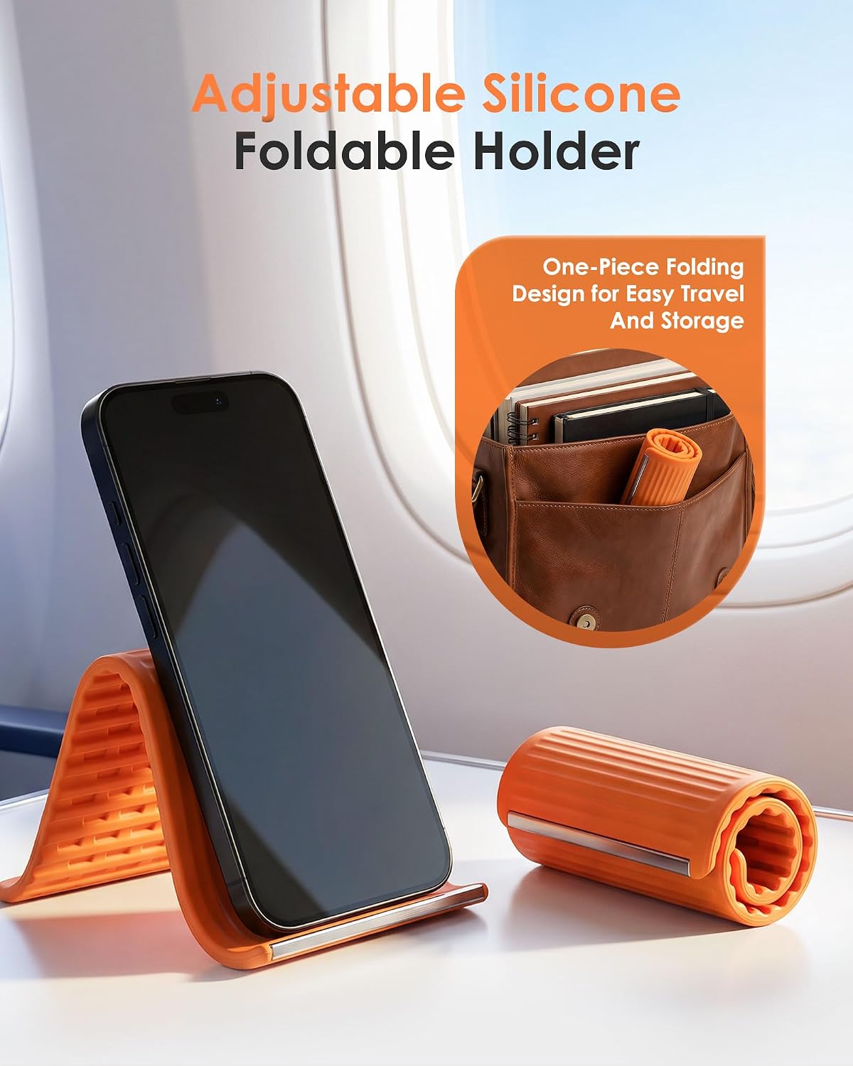 Airplane Phone Holder, Flexible Silicone Phone Holder, Folding Cellphone Stand for Desk, Bed, Office, Treadmill - Airplane Gadgets for Long Travel Accessories - Plane Essentials (Orange)