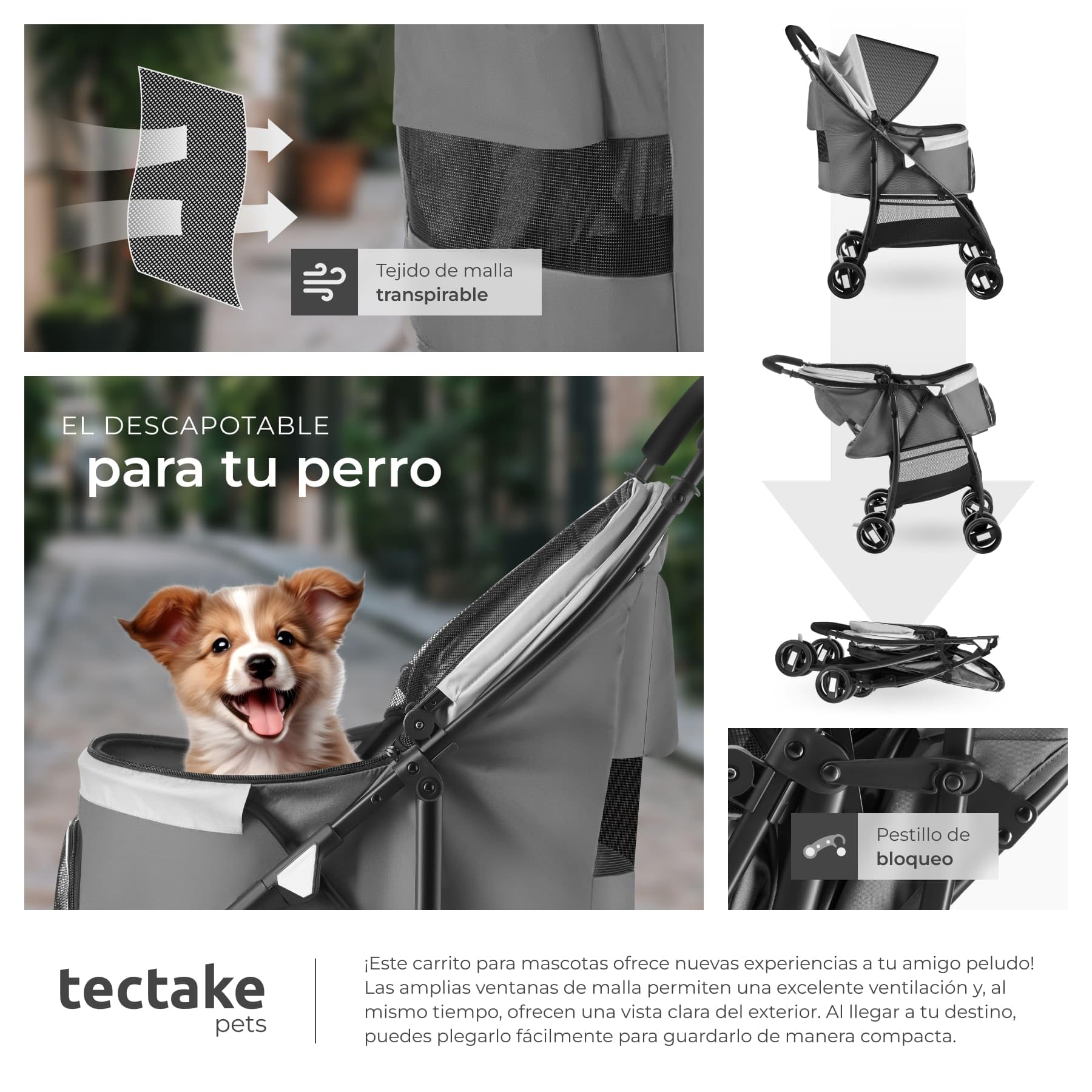 tectake® Carrito para Mascotas, Plegable, con Suspensión y 2 Arneses Ajustables, Ruedas Dobles Giratorias y con Freno, Tejido Oxford Resistente al Agua, Transporte Seguro para Perros, Gatos y Mascotas